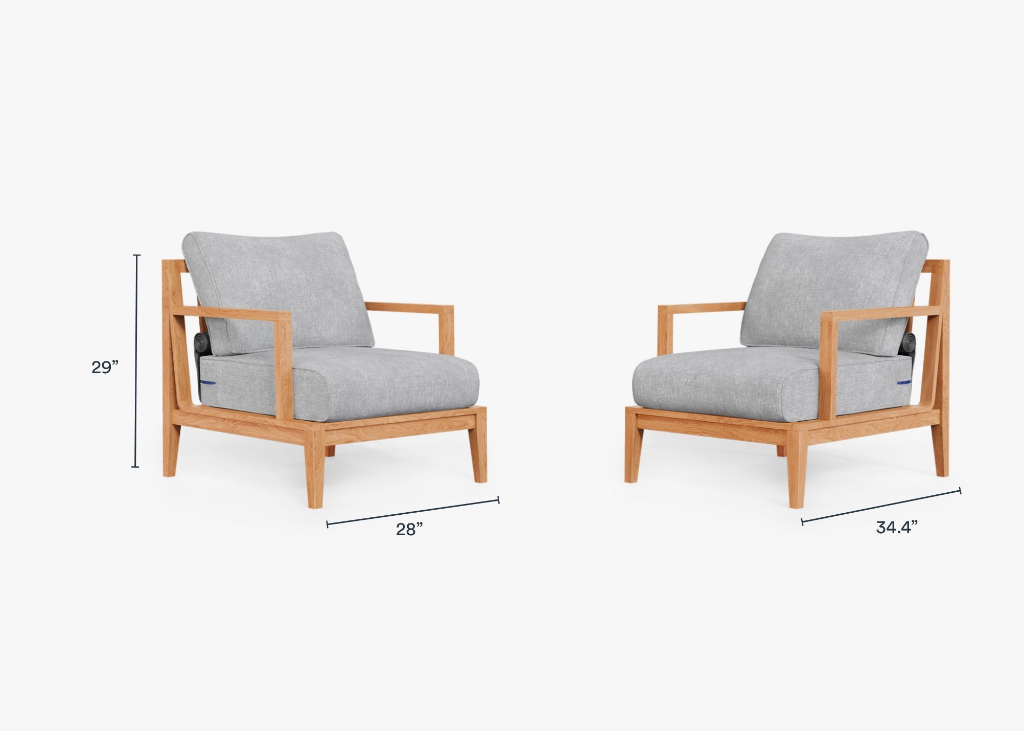 Teak Outdoor Armchair Conversation Set dimensions in inches, also listed under Dimensions and Weights. #color_pacific fog gray