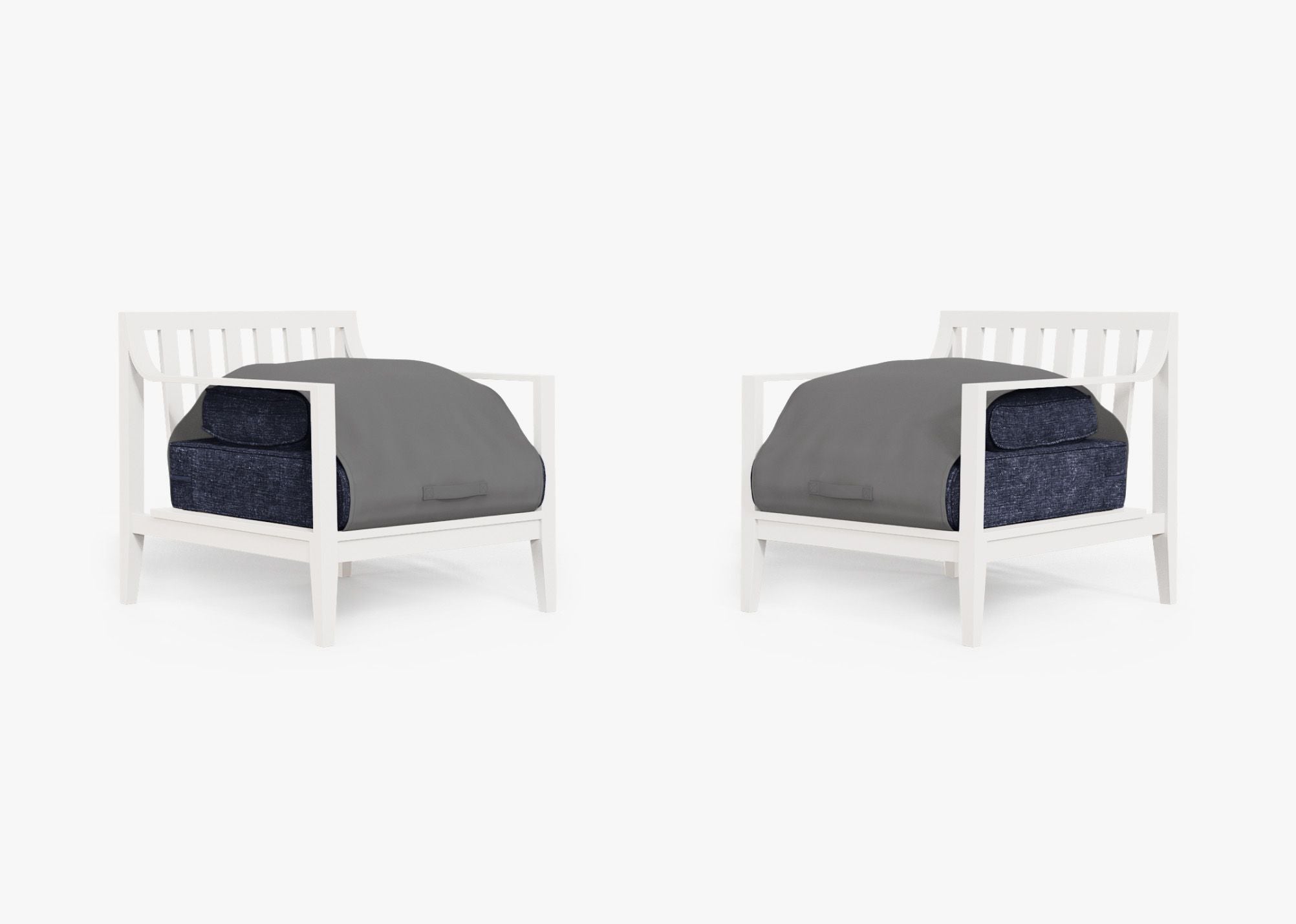 White Aluminum Outdoor Armchair Conversation Set shown with the OuterShell outdoor cushion cover, offering exclusive integrated protection. #color_deep sea navy