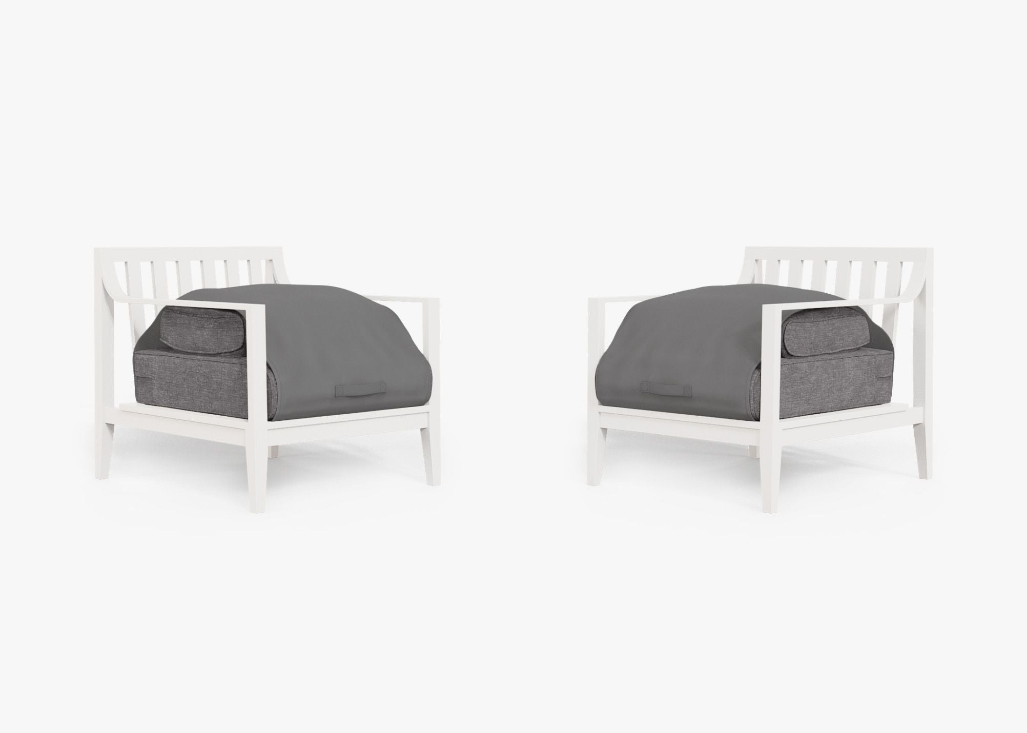 White Aluminum Outdoor Armchair Conversation Set shown with the OuterShell outdoor cushion cover, offering exclusive integrated protection. #color_dark pebble gray