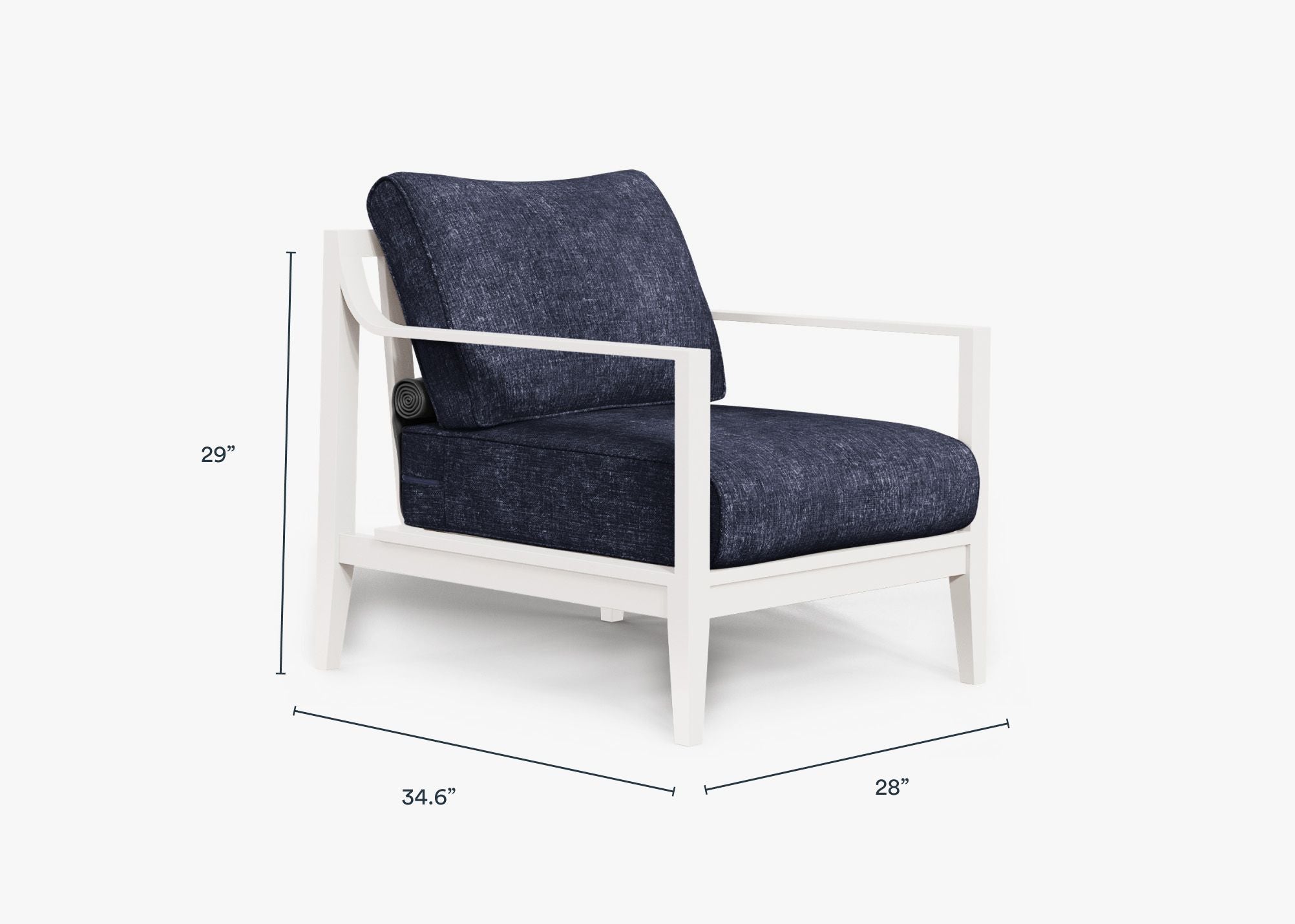 White Aluminum Outdoor Armchair dimensions in inches, also listed under Dimensions and Weights. #color_deep sea navy