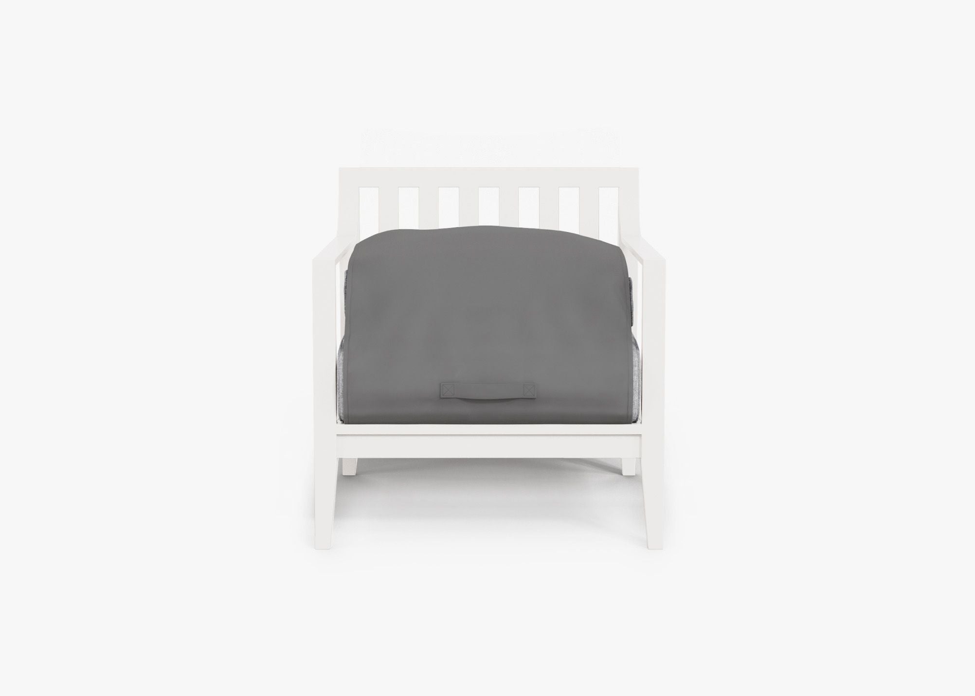 White Aluminum Outdoor Armchair shown with the OuterShell outdoor cushion cover, offering exclusive integrated protection. #color_pacific fog gray