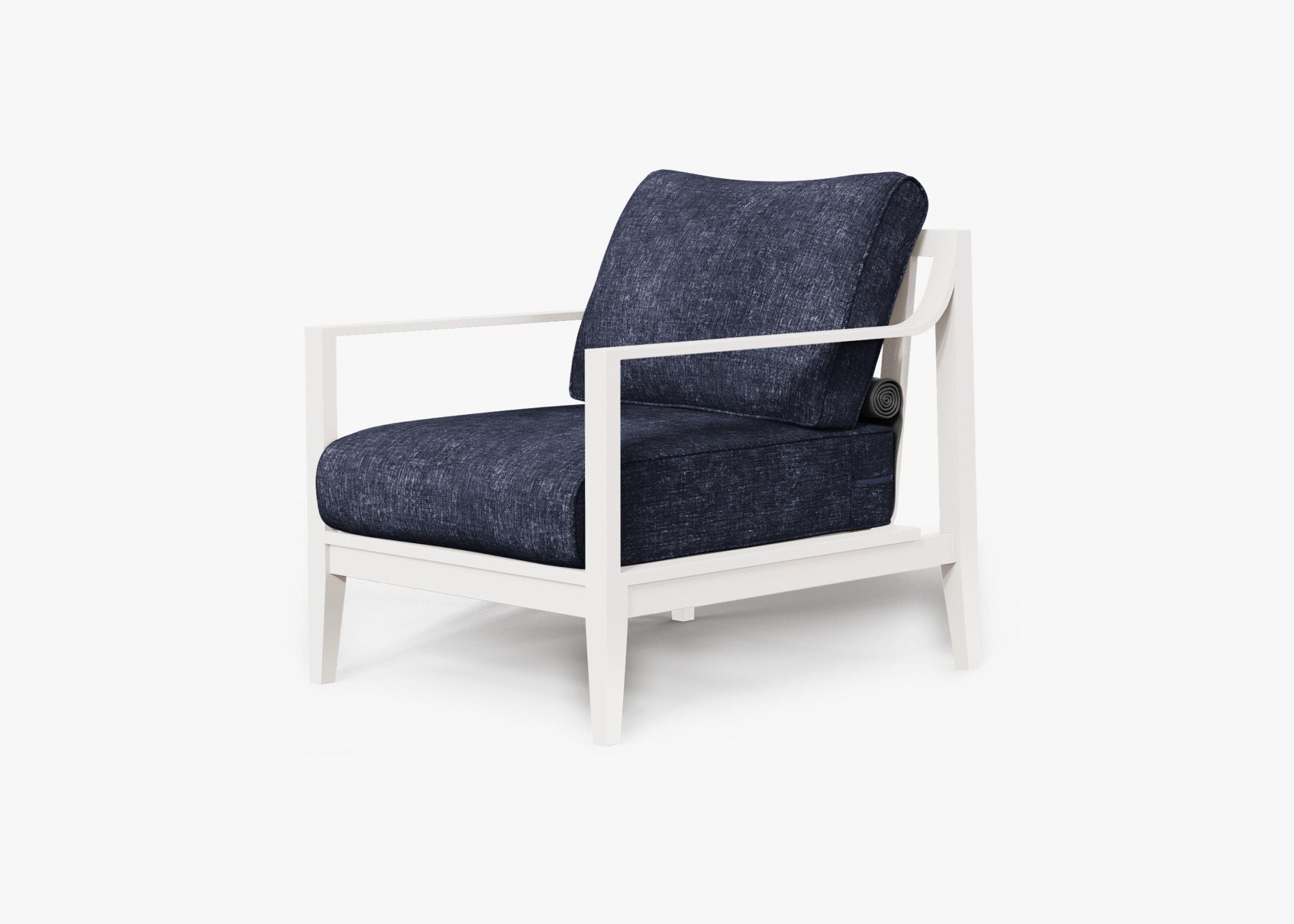 White Aluminum Outdoor Armchair, front. Comfortable, durable, and weather resistant outdoor seating with memory foam. #color_deep sea navy
