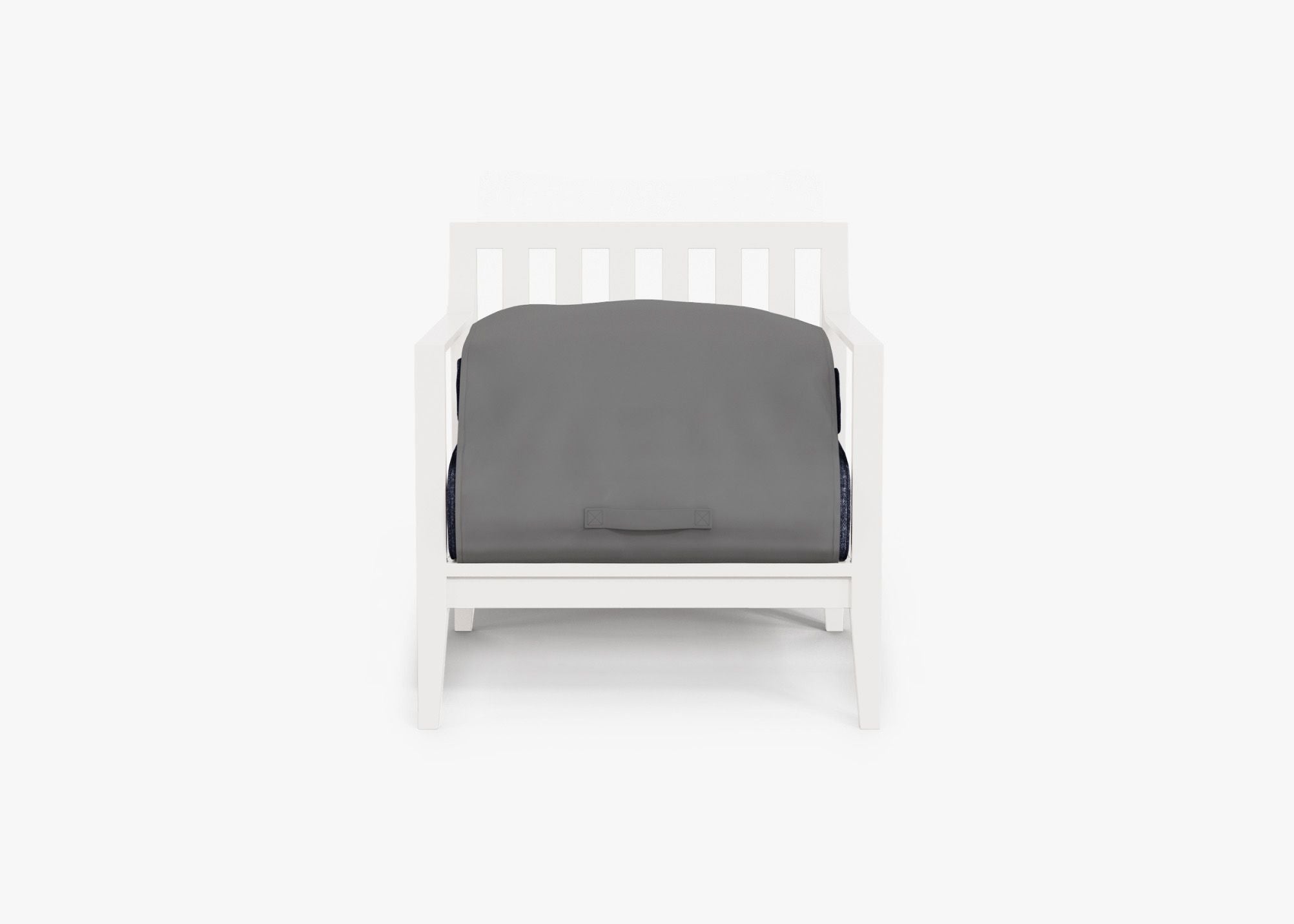 White Aluminum Outdoor Armchair shown with the OuterShell outdoor cushion cover, offering exclusive integrated protection. #color_deep sea navy