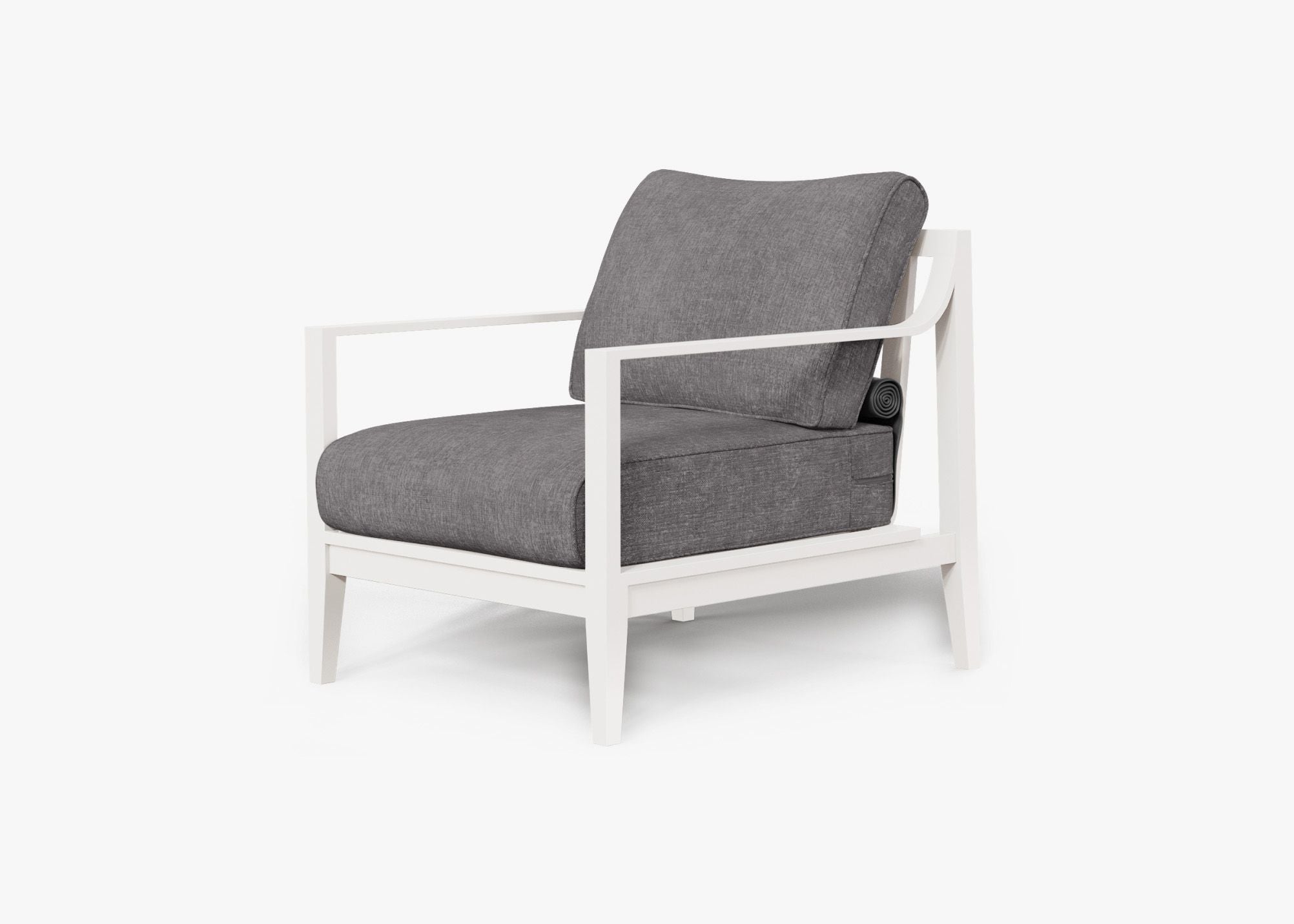 White Aluminum Outdoor Armchair, front. Comfortable, durable, and weather resistant outdoor seating with memory foam. #color_dark pebble gray