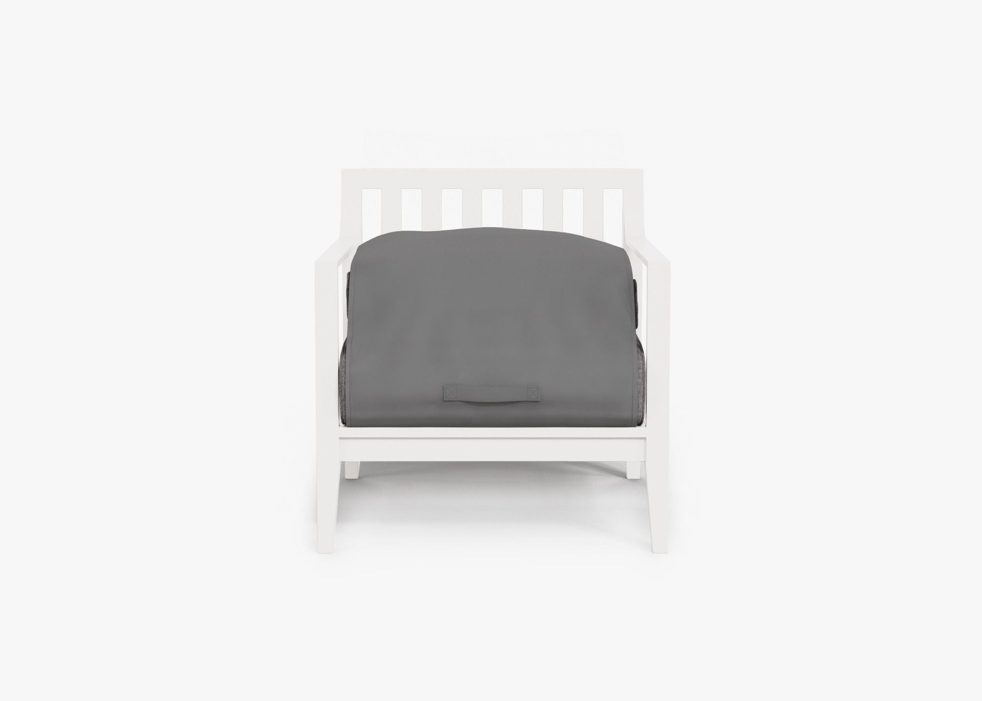 White Aluminum Outdoor Armchair shown with the OuterShell outdoor cushion cover, offering exclusive integrated protection. #color_dark pebble gray