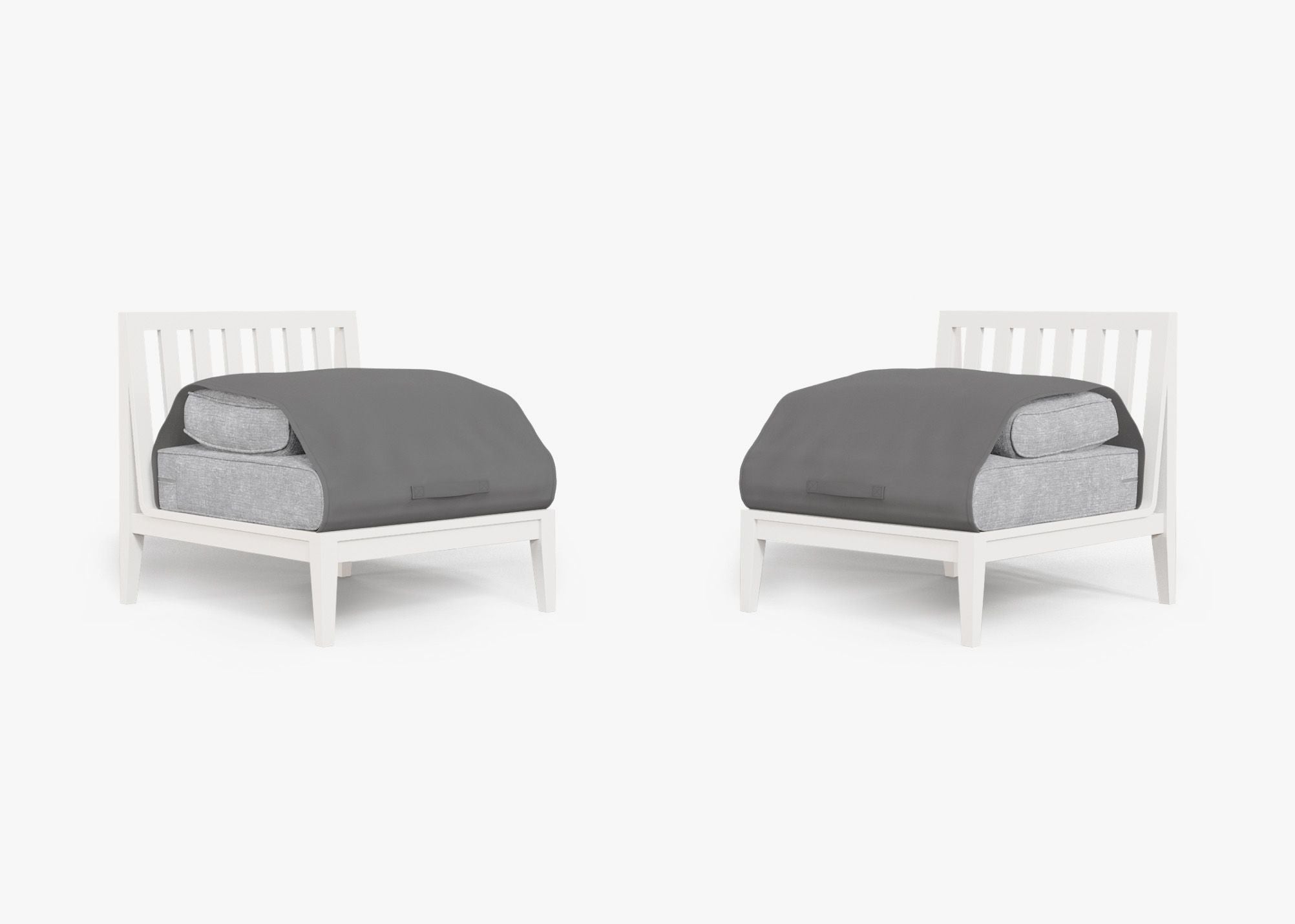 White Aluminum Outdoor Armless Chair Conversation Set shown with the OuterShell outdoor cushion cover, offering exclusive integrated protection. #color_pacific fog gray