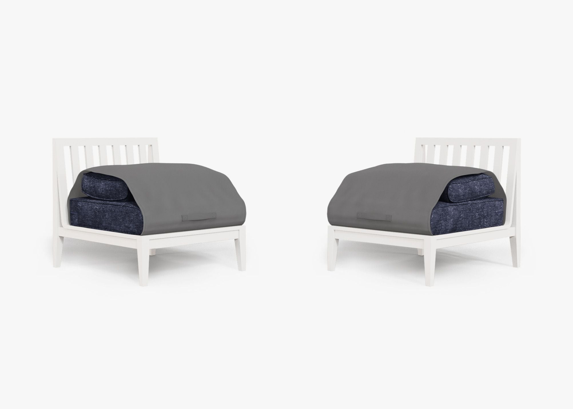 White Aluminum Outdoor Armless Chair Conversation Set shown with the OuterShell outdoor cushion cover, offering exclusive integrated protection. #color_deep sea navy