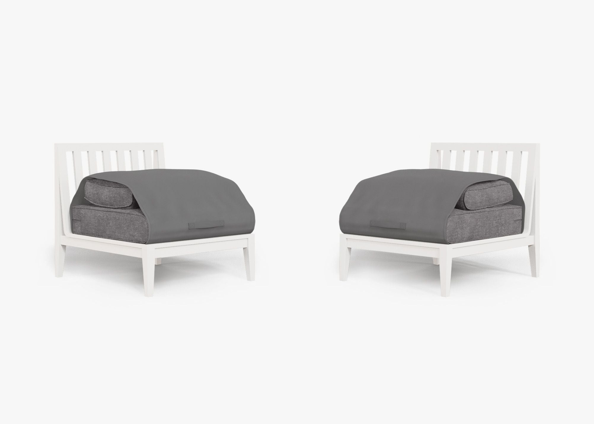 White Aluminum Outdoor Armless Chair Conversation Set shown with the OuterShell outdoor cushion cover, offering exclusive integrated protection. #color_dark pebble gray