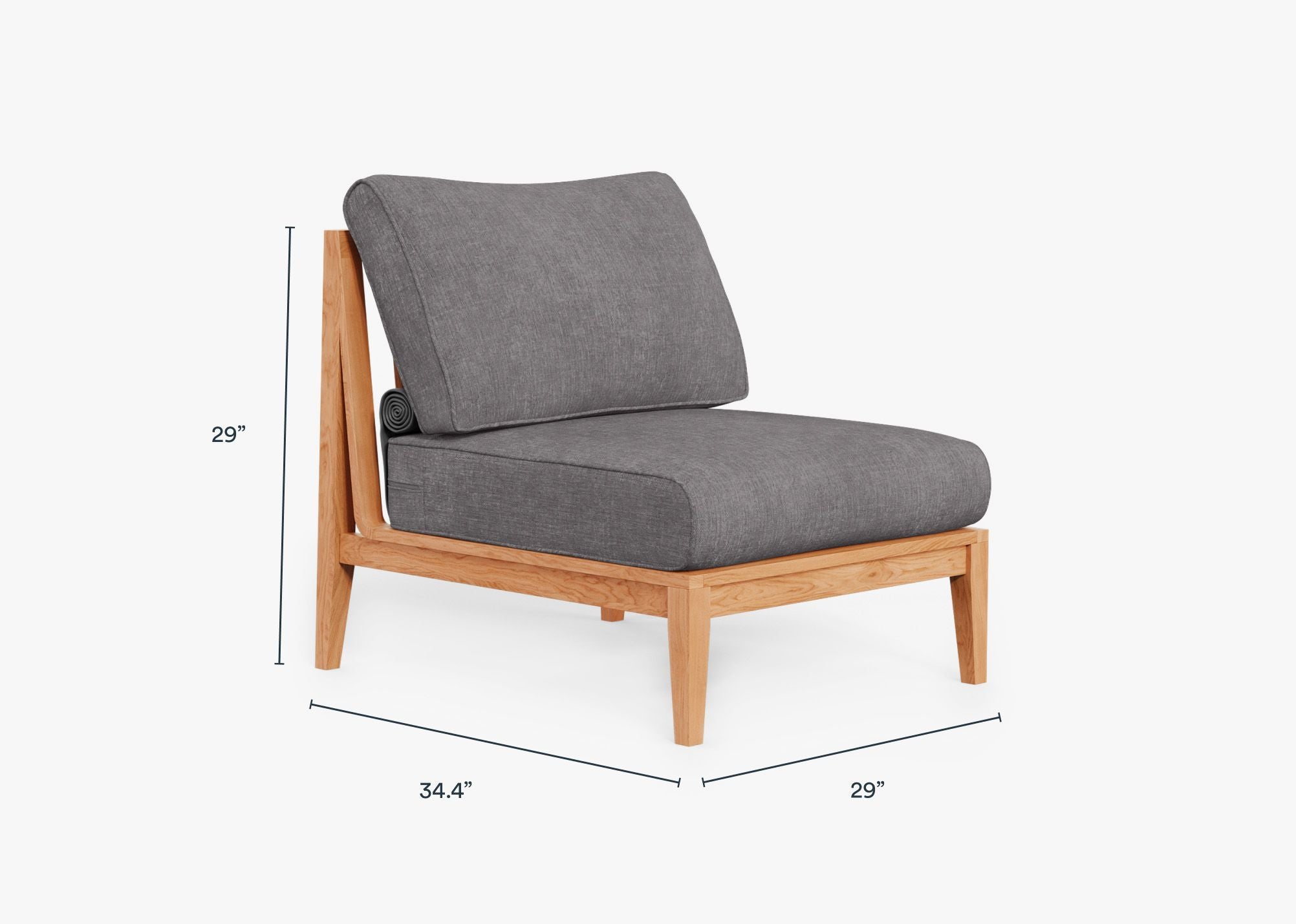 Teak Outdoor Armless Chair dimensions in inches, also listed under Dimensions and Weights. #color_dark pebble gray