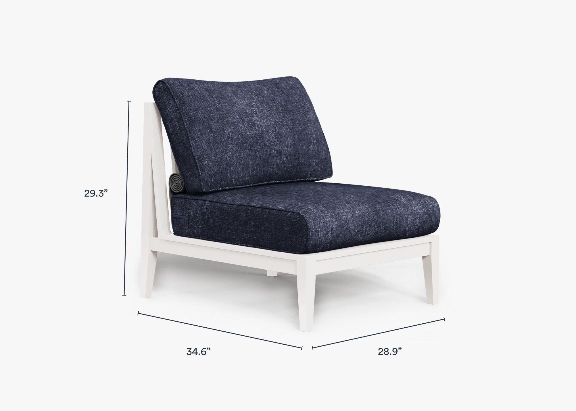 White Aluminum Outdoor Armless Chair dimensions in inches, also listed under Dimensions and Weights. #color_deep sea navy