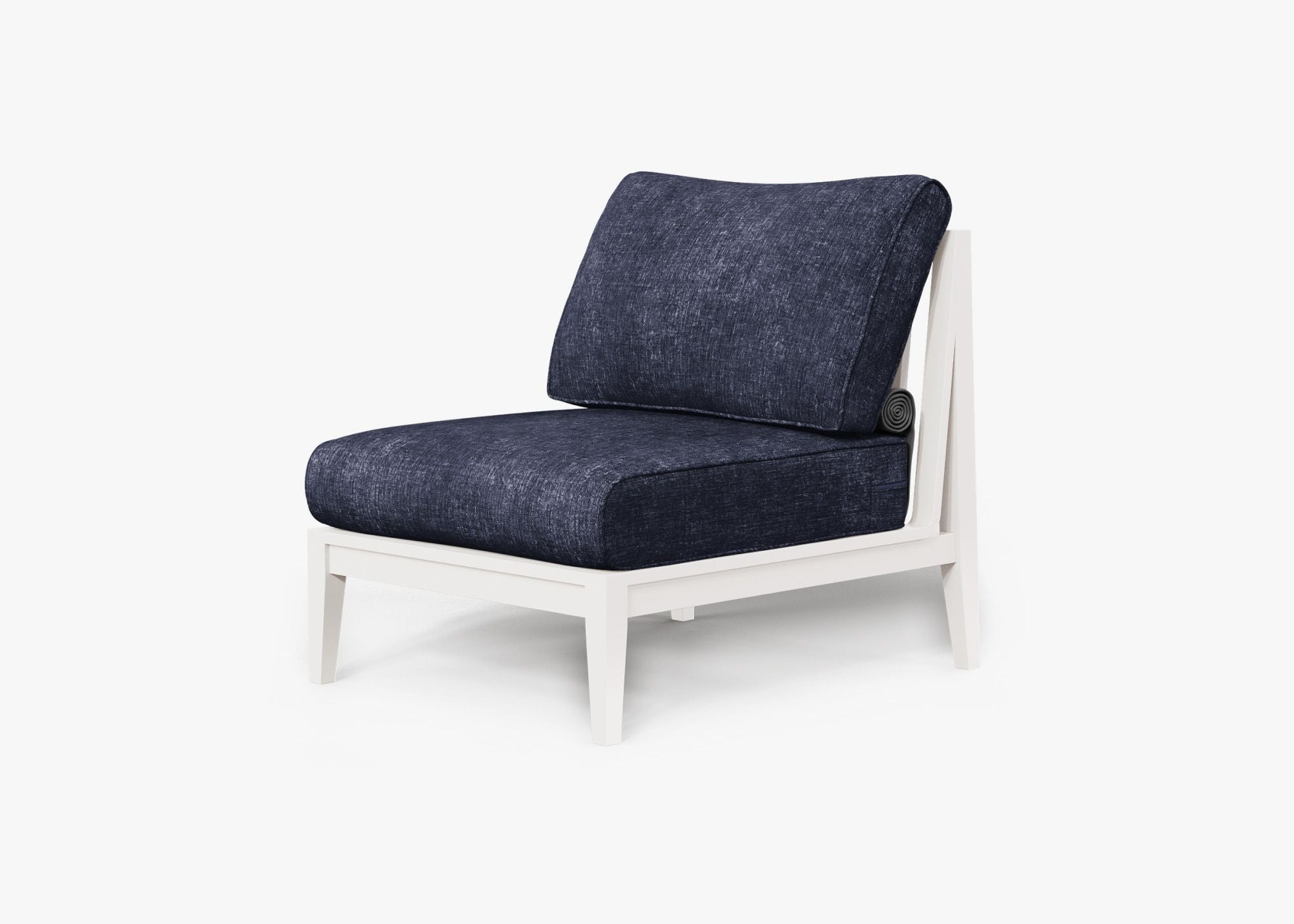 White Aluminum Outdoor Armless Chair, front. Comfortable, durable, and weather resistant outdoor seating with memory foam. #color_deep sea navy