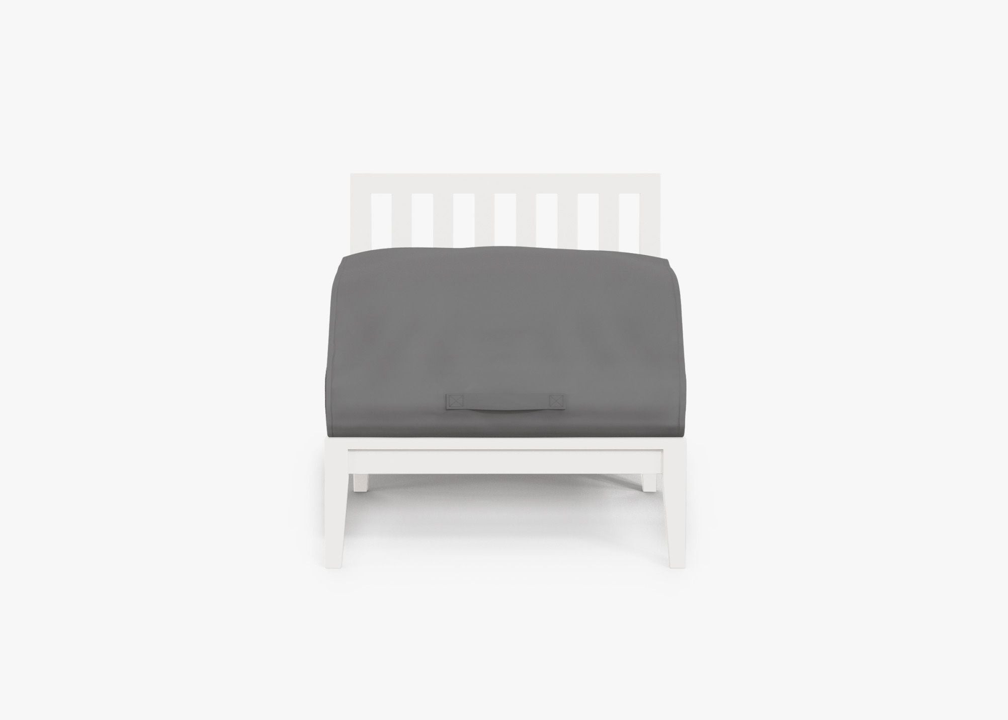 White Aluminum Outdoor Armless Chair shown with the OuterShell outdoor cushion cover, offering exclusive integrated protection. #color_dark pebble gray