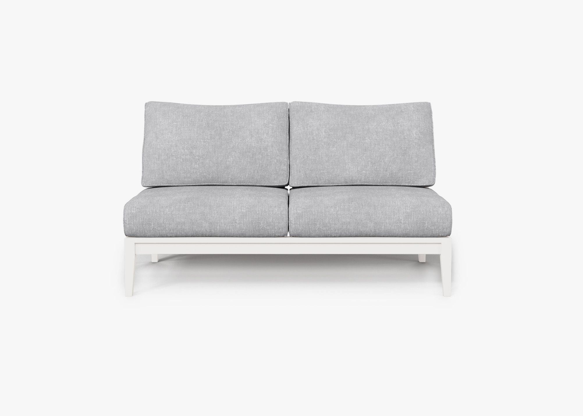White Aluminum Outdoor Armless Loveseat, front. Comfortable, durable, and weather resistant outdoor seating with memory foam. #color_pacific fog gray