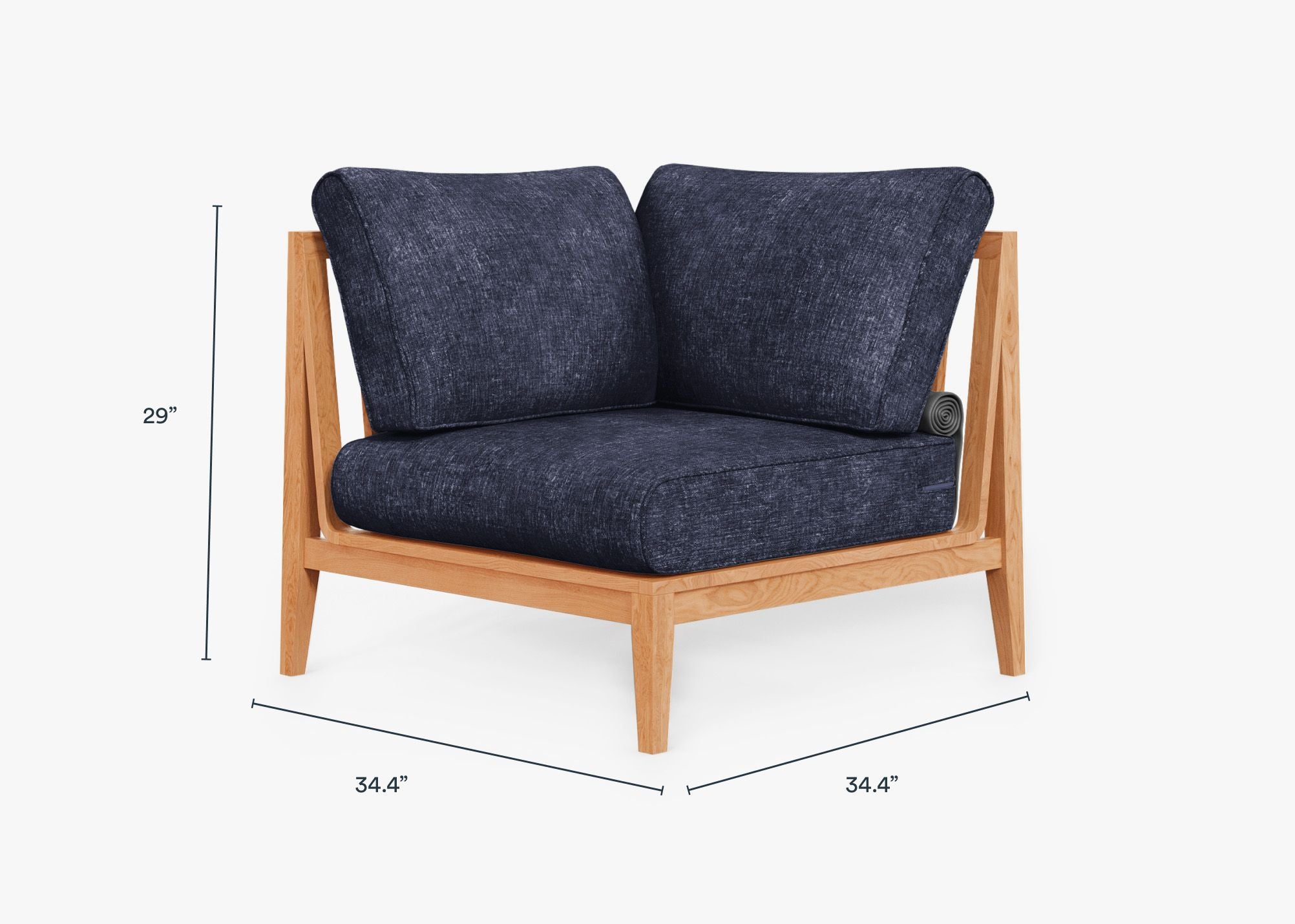 Teak Outdoor Corner Chair - Right dimensions in inches, also listed under Dimensions and Weights. #color_deep sea navy