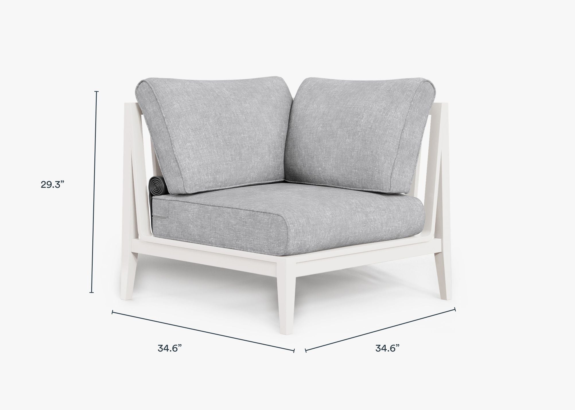 White Aluminum Outdoor Corner Chair - Left dimensions in inches, also listed under Dimensions and Weights. #color_pacific fog gray