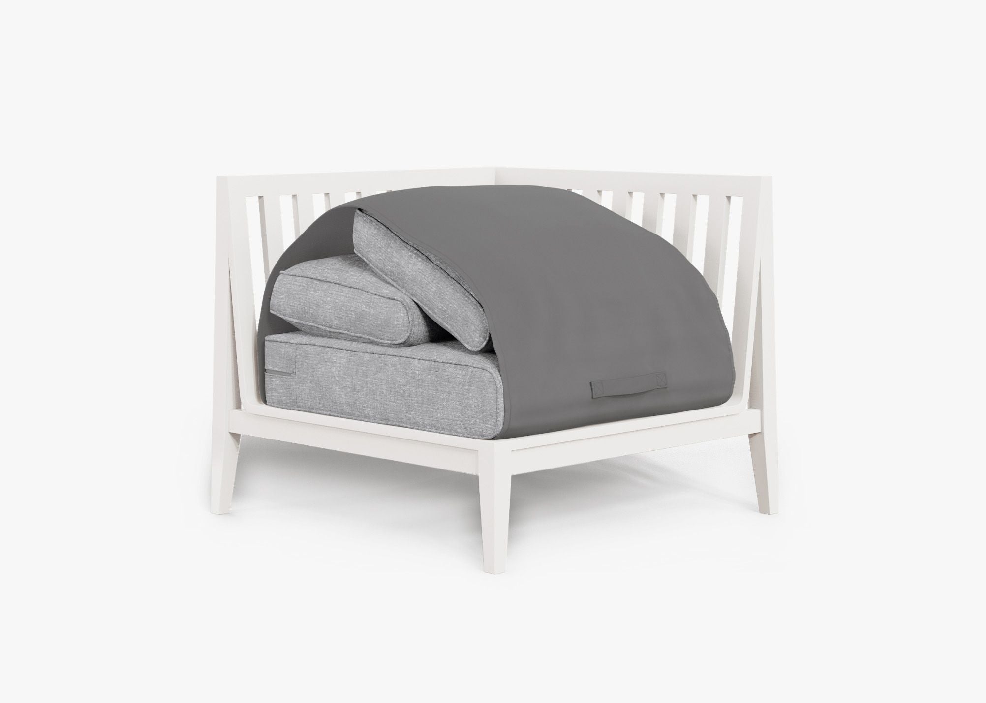 White Aluminum Outdoor Corner Chair - Left shown with the OuterShell outdoor cushion cover, offering exclusive integrated protection. #color_pacific fog gray