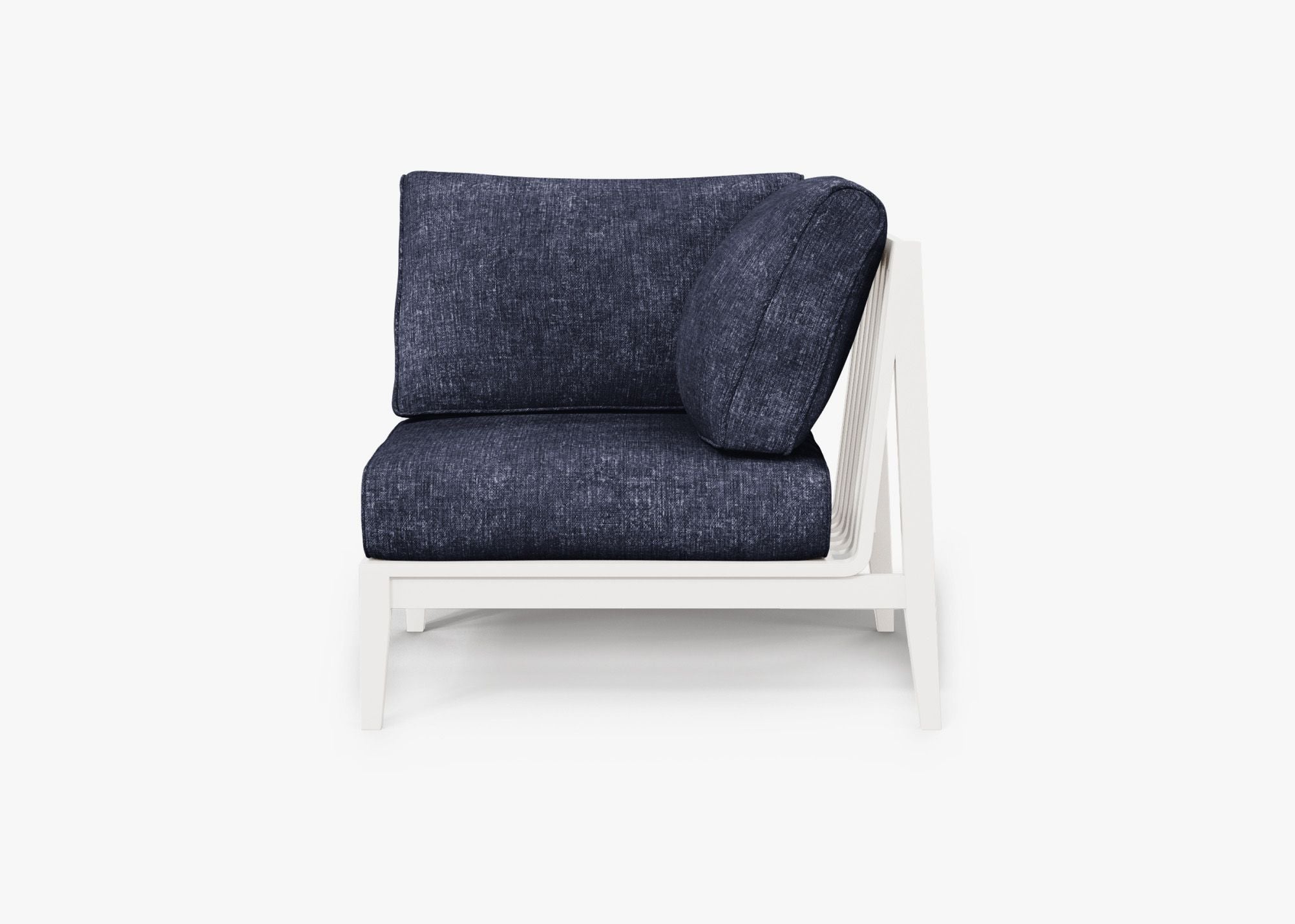 White Aluminum Outdoor Corner Chair - Left, front. Comfortable, durable, and weather resistant outdoor seating with memory foam. #color_deep sea navy