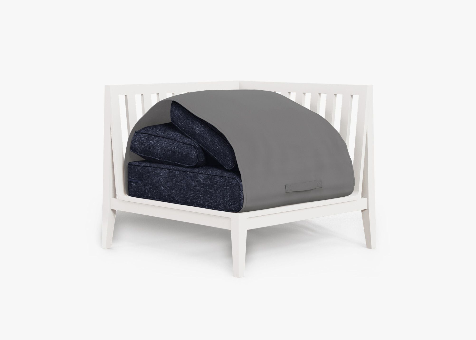 White Aluminum Outdoor Corner Chair - Left shown with the OuterShell outdoor cushion cover, offering exclusive integrated protection. #color_deep sea navy