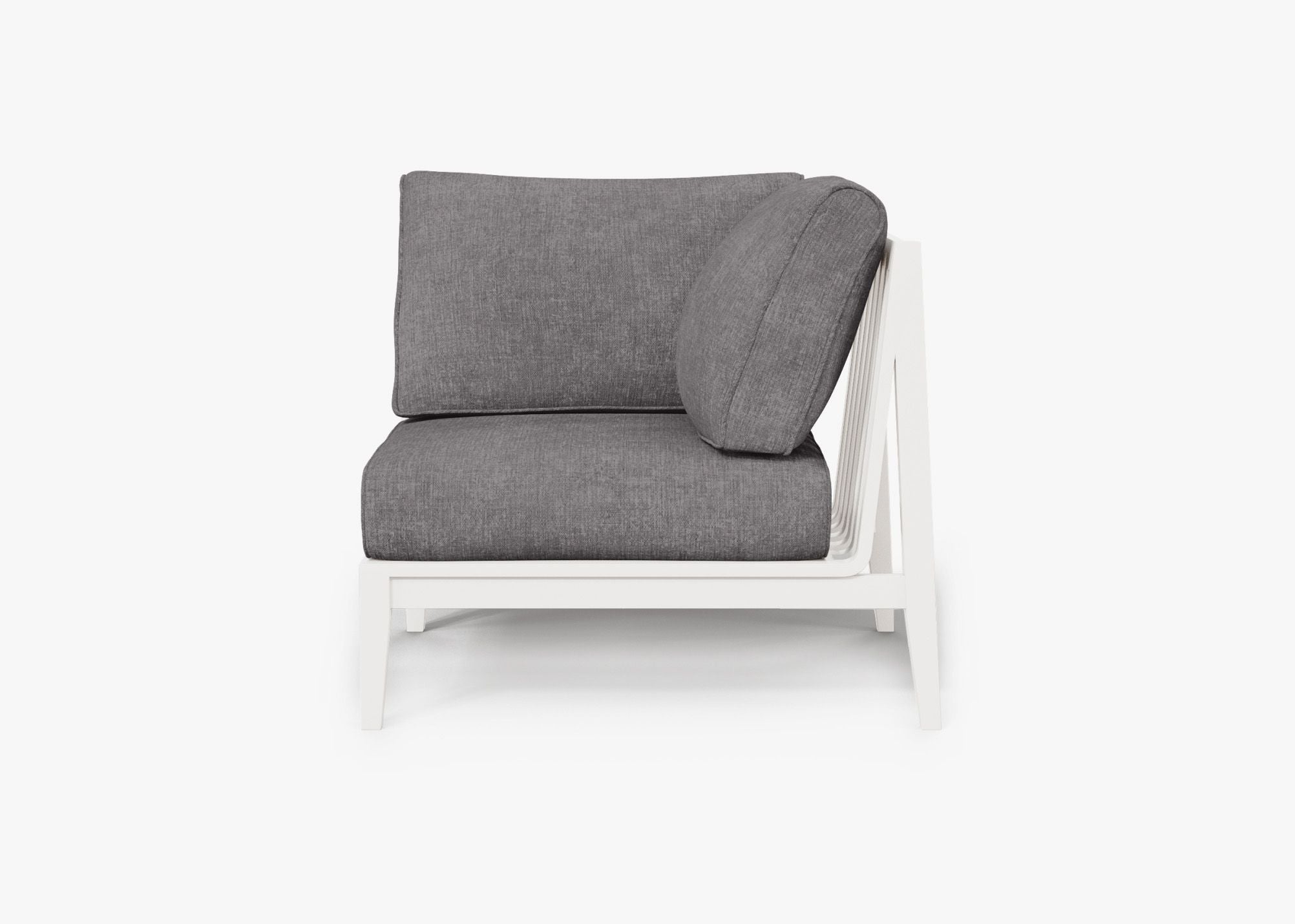 White Aluminum Outdoor Corner Chair - Left, front. Comfortable, durable, and weather resistant outdoor seating with memory foam. #color_dark pebble gray