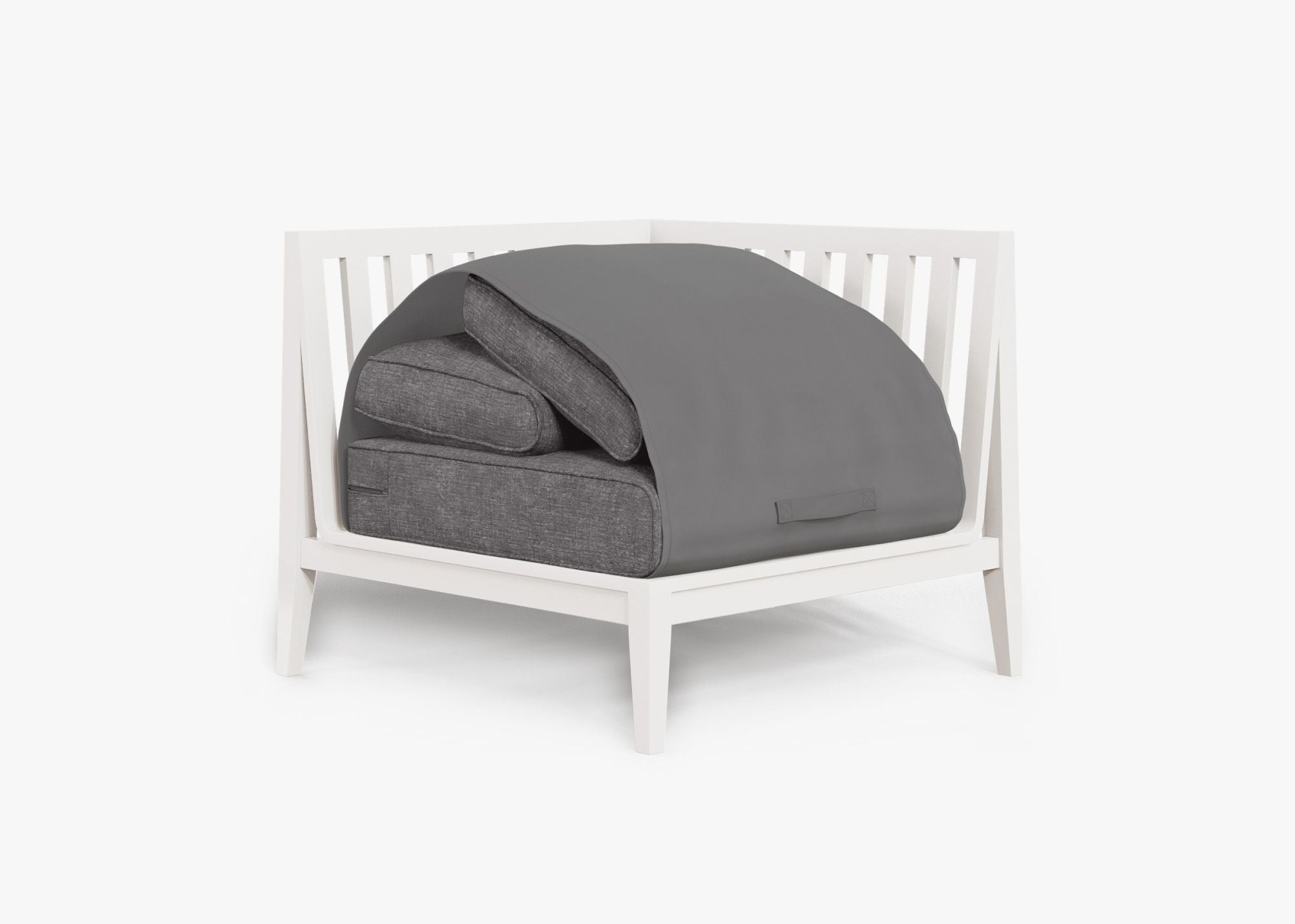 White Aluminum Outdoor Corner Chair - Left shown with the OuterShell outdoor cushion cover, offering exclusive integrated protection. #color_dark pebble gray