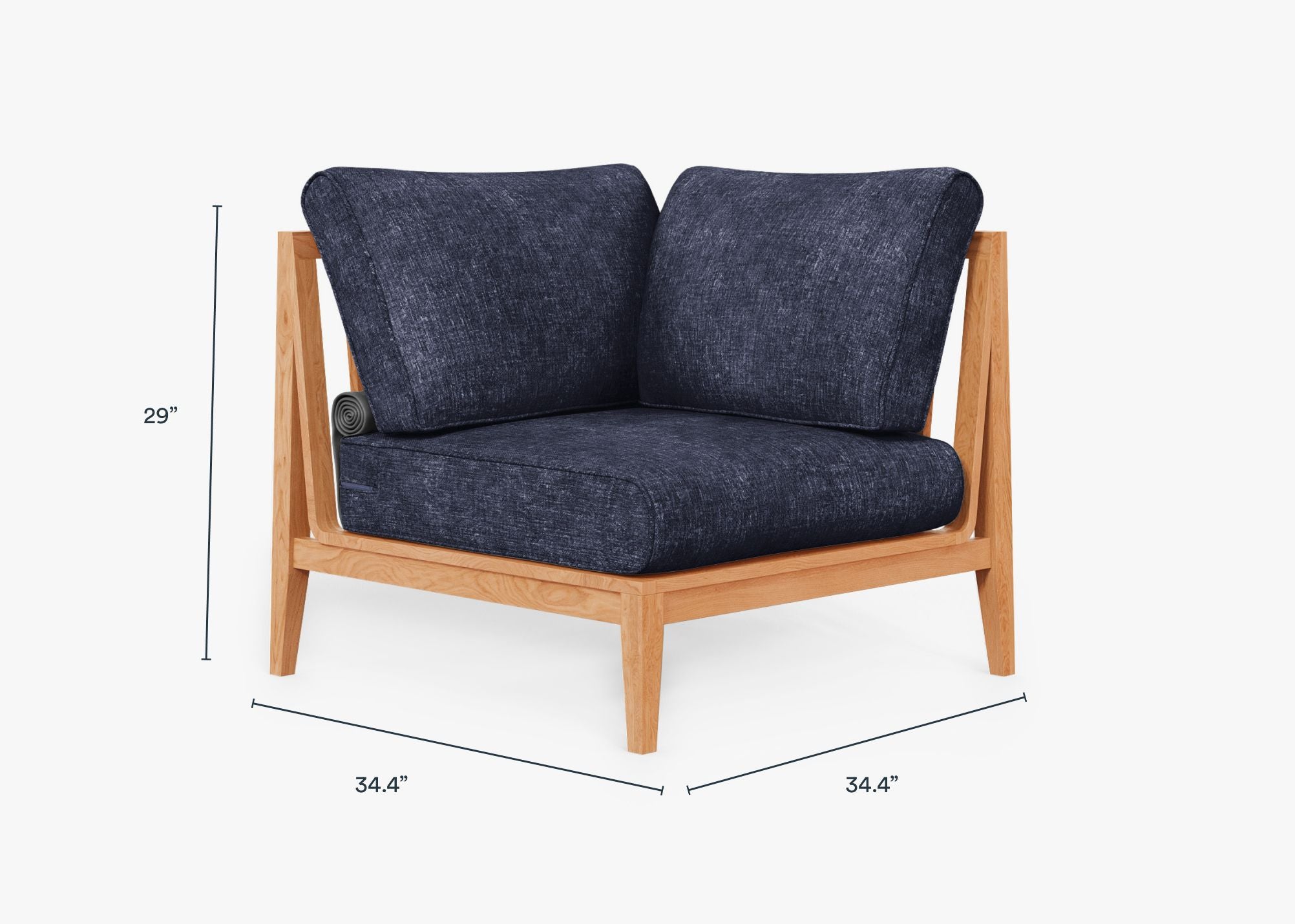 Teak outdoor corner sofa with deep sea navy cushions, featuring a left corner chair and clean, modern design.-teak outdoor sofa-outer #color_deep sea navy
