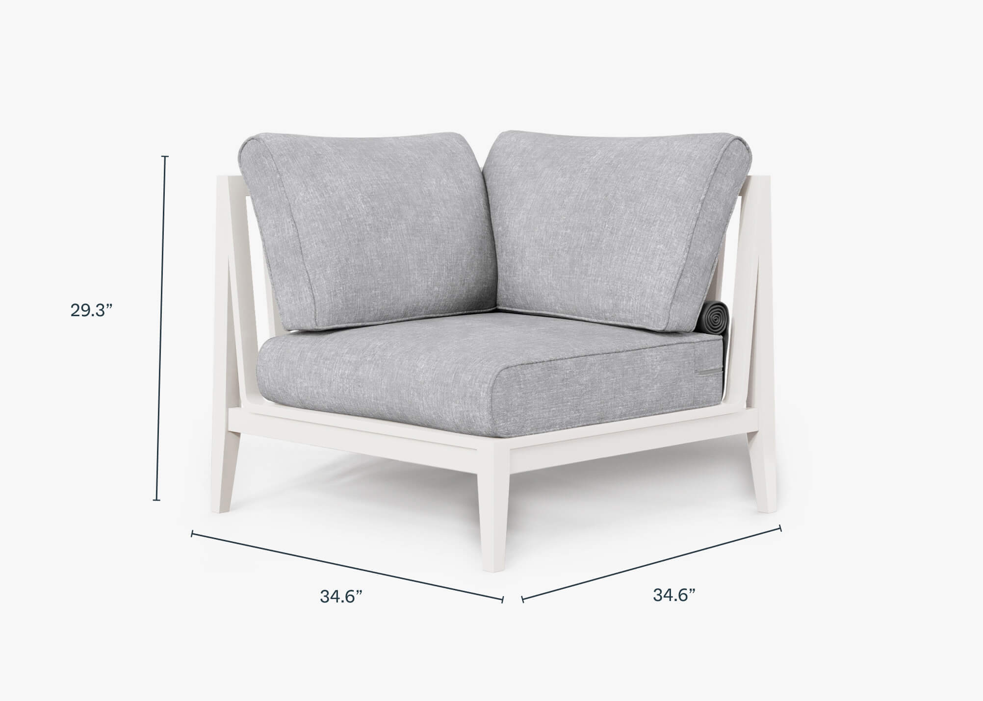 White Aluminum Outdoor Corner Chair - Right dimensions in inches, also listed under Dimensions and Weights. #color_pacific fog gray