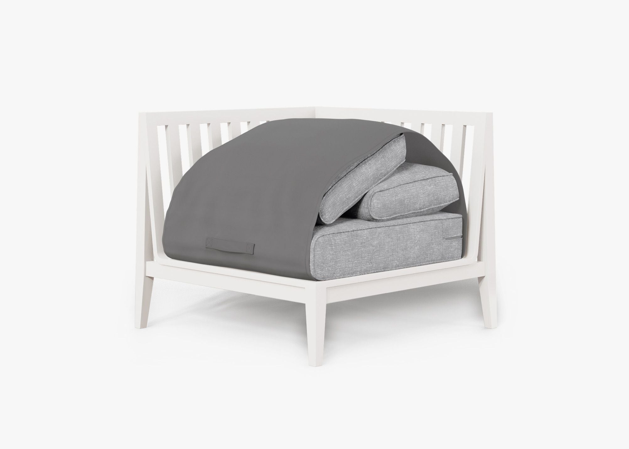 White Aluminum Outdoor Corner Chair - Right shown with the OuterShell outdoor cushion cover, offering exclusive integrated protection. #color_pacific fog gray