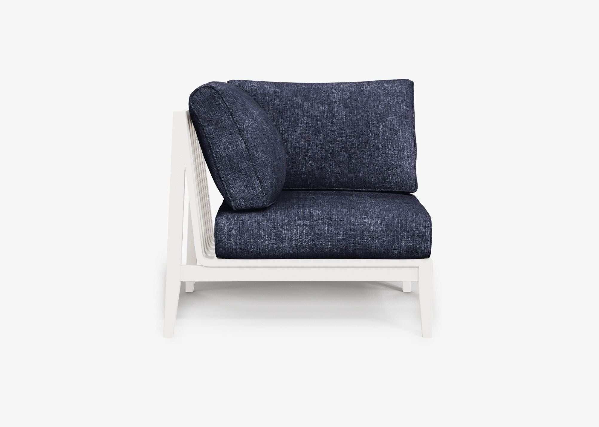 White Aluminum Outdoor Corner Chair - Right, front. Comfortable, durable, and weather resistant outdoor seating with memory foam. #color_deep sea navy