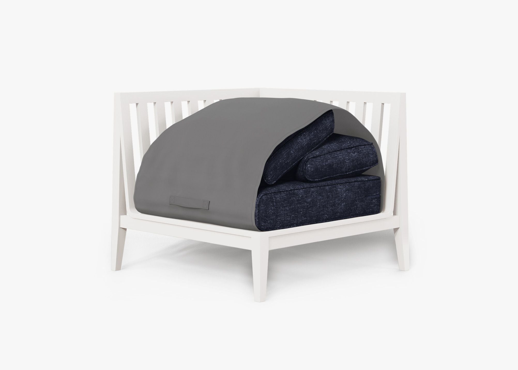 White Aluminum Outdoor Corner Chair - Right shown with the OuterShell outdoor cushion cover, offering exclusive integrated protection. #color_deep sea navy