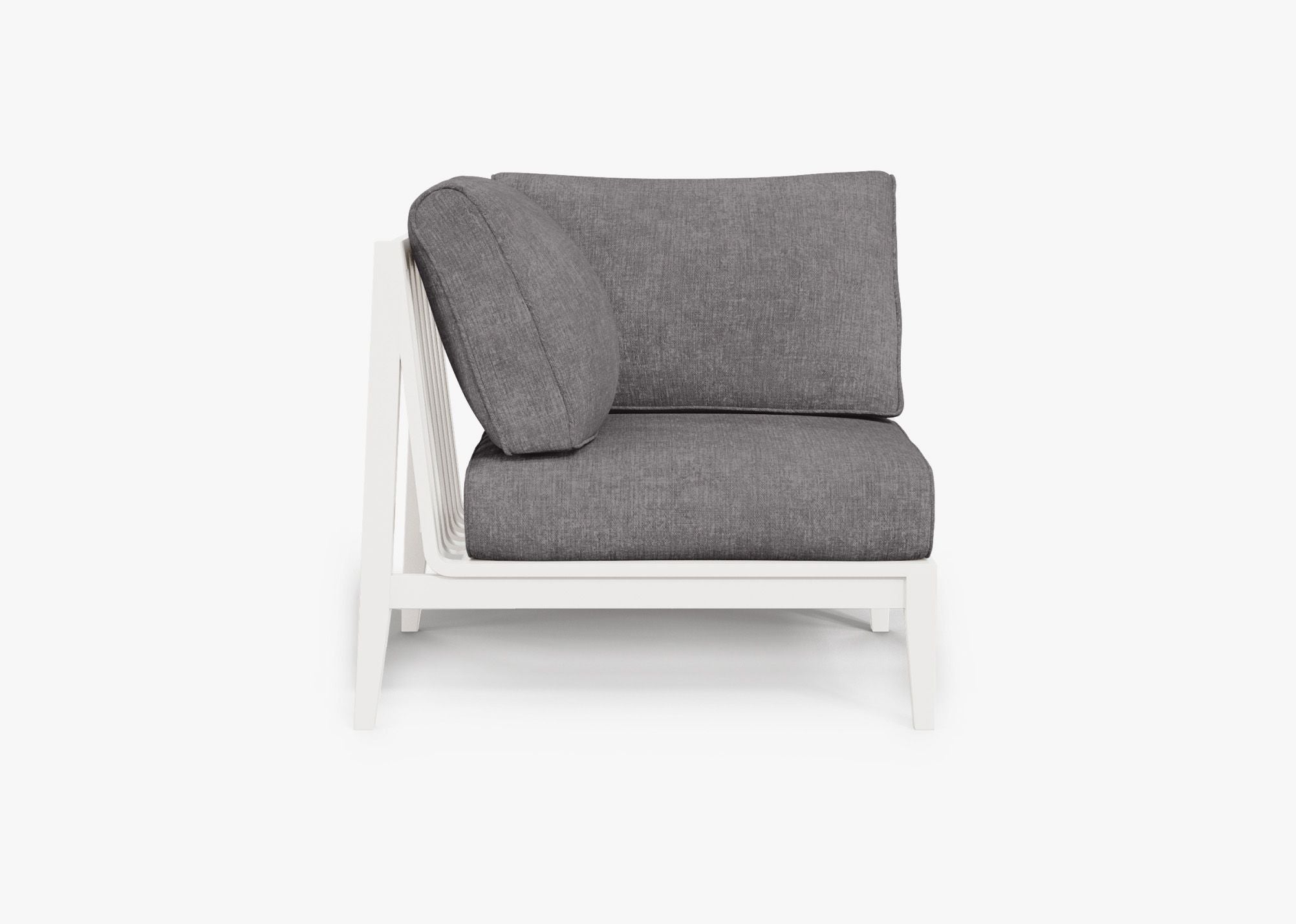 White Aluminum Outdoor Corner Chair - Right, front. Comfortable, durable, and weather resistant outdoor seating with memory foam. #color_dark pebble gray