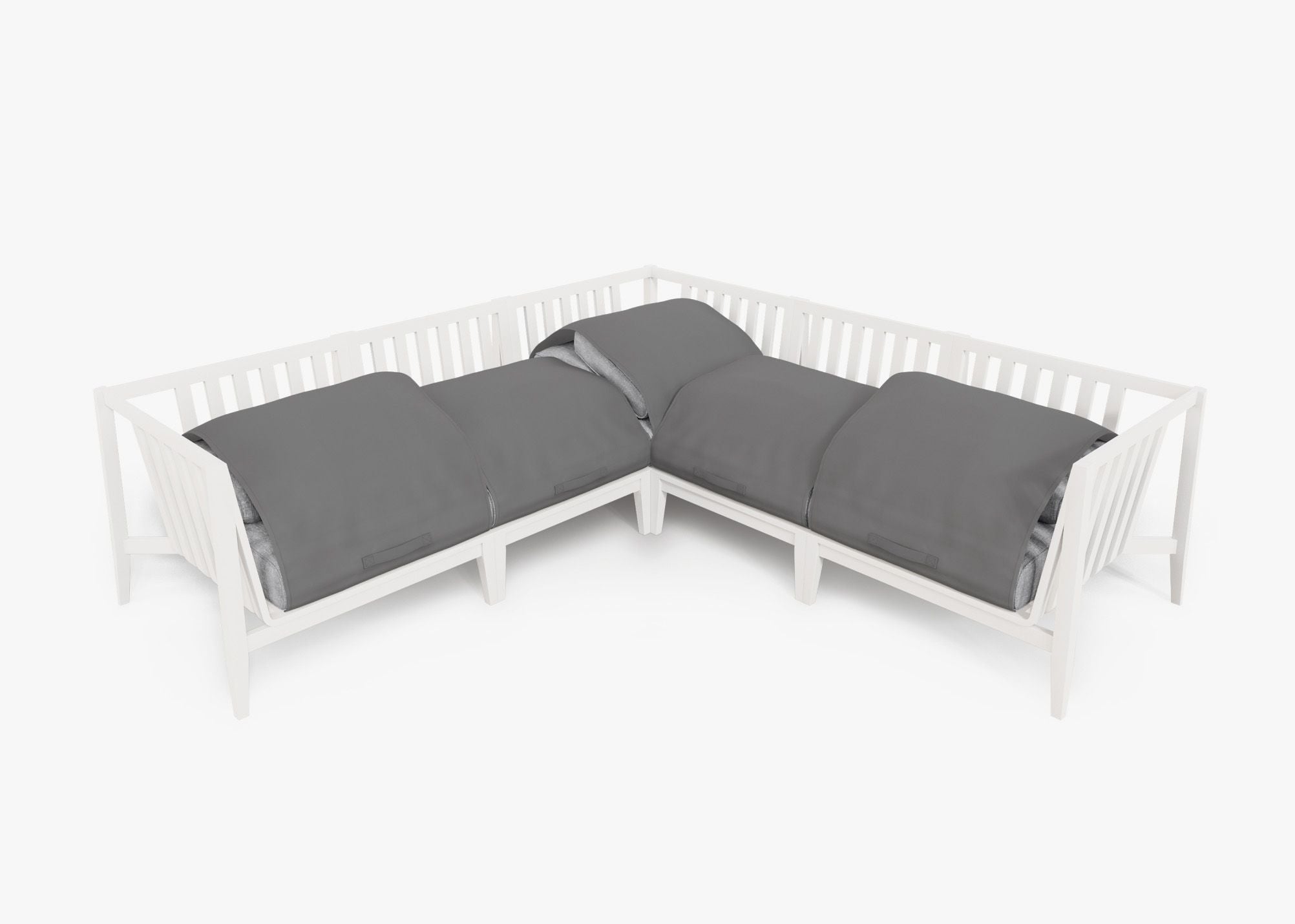 White Aluminum Outdoor Corner Sectional - 5 Seat shown with the OuterShell outdoor cushion cover, offering exclusive integrated protection. #color_pacific fog gray