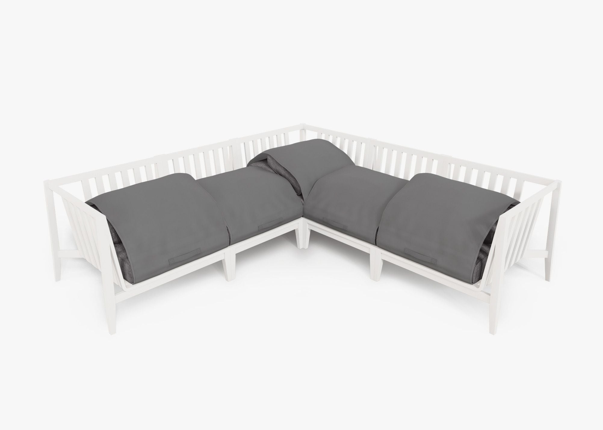 White Aluminum Outdoor Corner Sectional - 5 Seat shown with the OuterShell outdoor cushion cover, offering exclusive integrated protection. #color_dark pebble gray