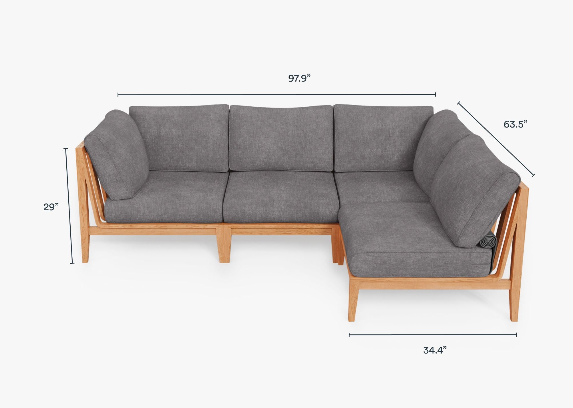 Teak outdoor sofa in an L-shaped sectional design with 4 seats, featuring dark pebble gray cushions.-teak outdoor sofa-outer #color_dark pebble gray
