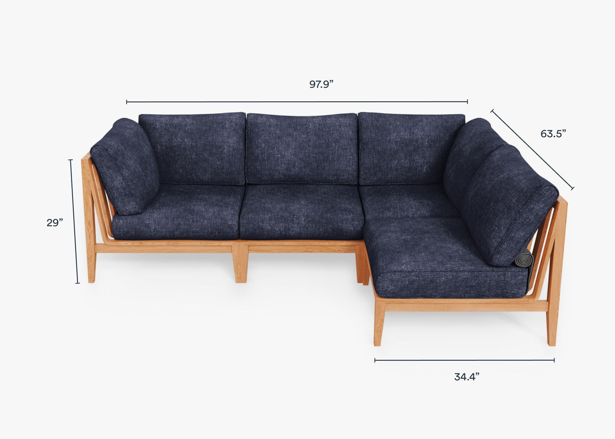 Teak outdoor L sectional sofa with 4 deep sea navy cushions arranged in an L shape, featuring clean lines and sturdy wooden frame.-teak outdoor sofa-outer #color_deep sea navy