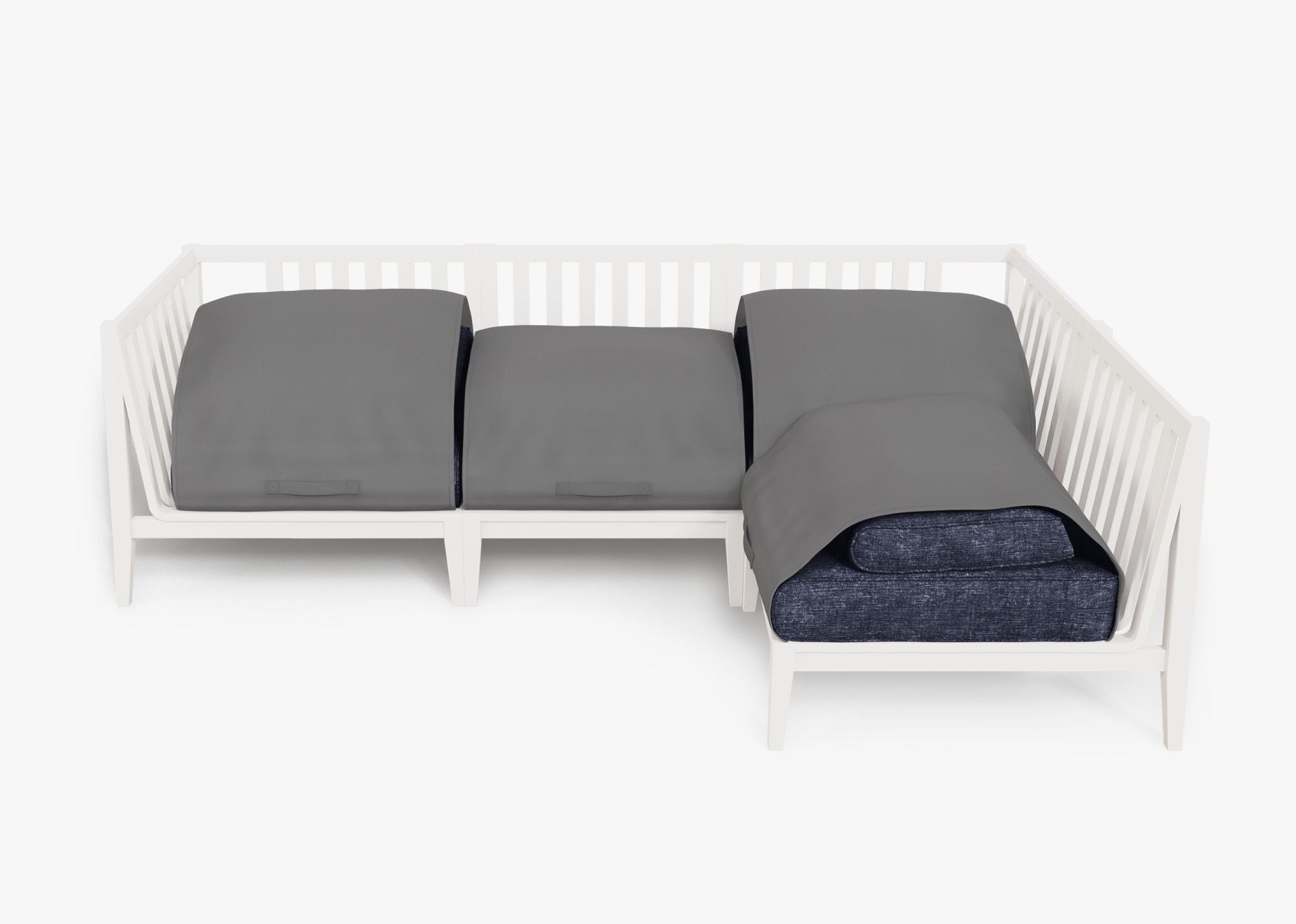 White Aluminum Outdoor L Sectional - 4 Seat shown with the OuterShell outdoor cushion cover, offering exclusive integrated protection. #color_deep sea navy