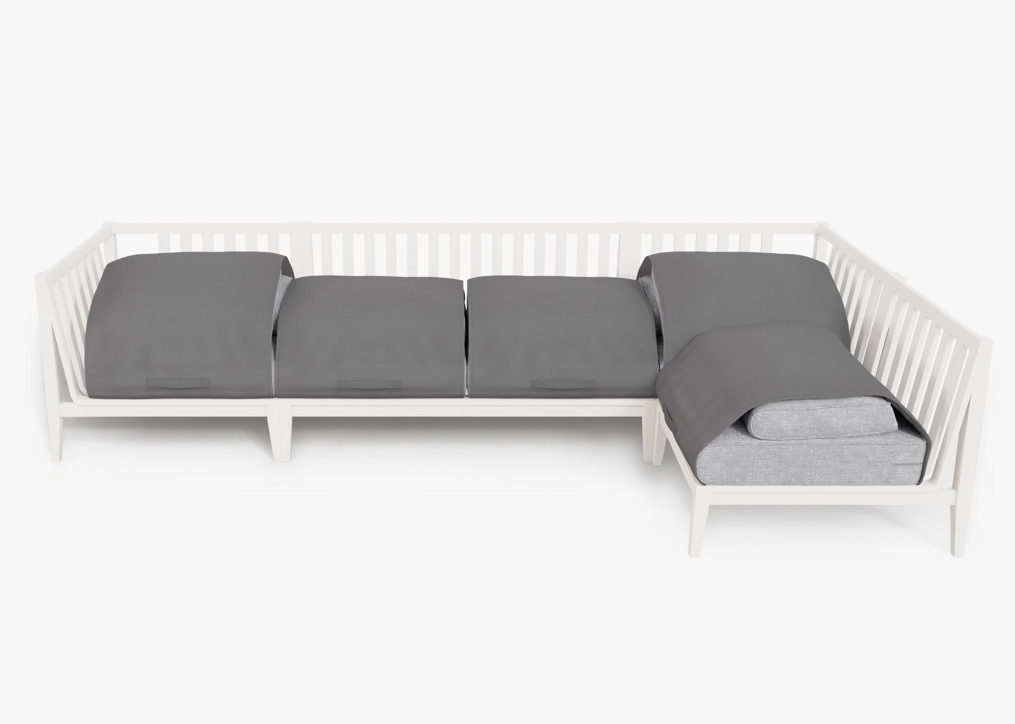 White Aluminum Outdoor L Sectional - 5 Seat shown with the OuterShell outdoor cushion cover, offering exclusive integrated protection. #color_pacific fog gray