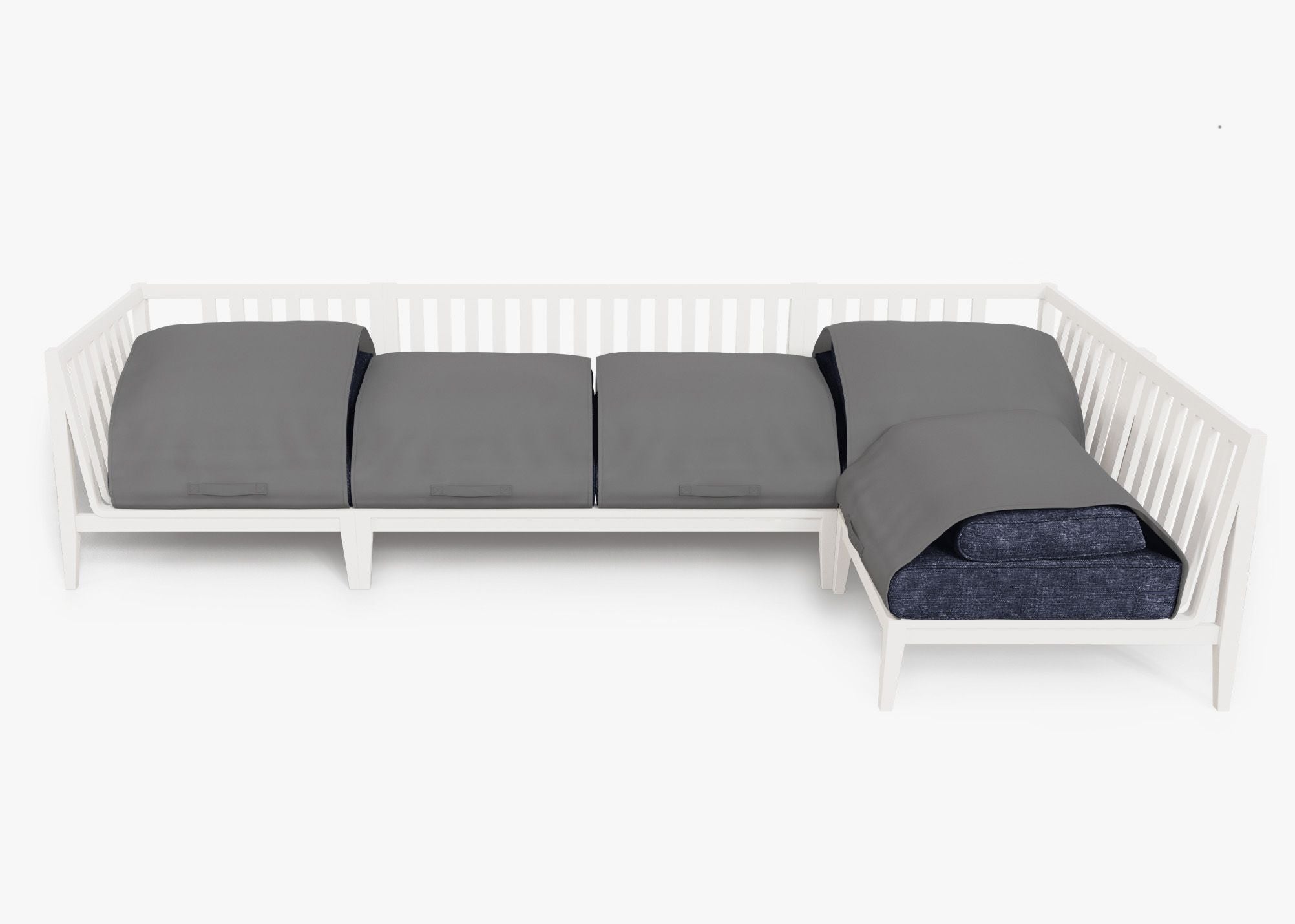 White Aluminum Outdoor L Sectional - 5 Seat shown with the OuterShell outdoor cushion cover, offering exclusive integrated protection. #color_deep sea navy