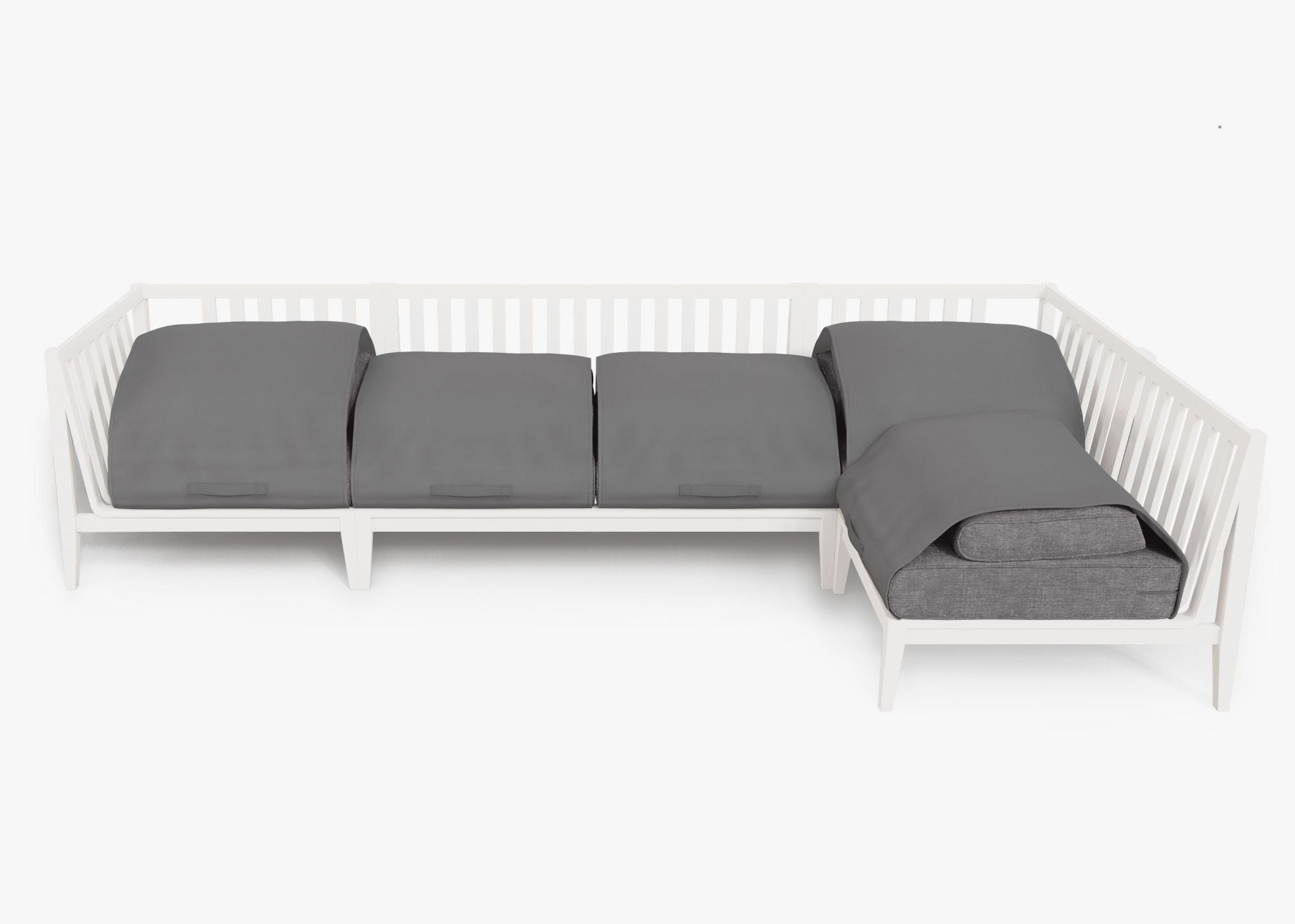 White Aluminum Outdoor L Sectional - 5 Seat shown with the OuterShell outdoor cushion cover, offering exclusive integrated protection. #color_dark pebble gray