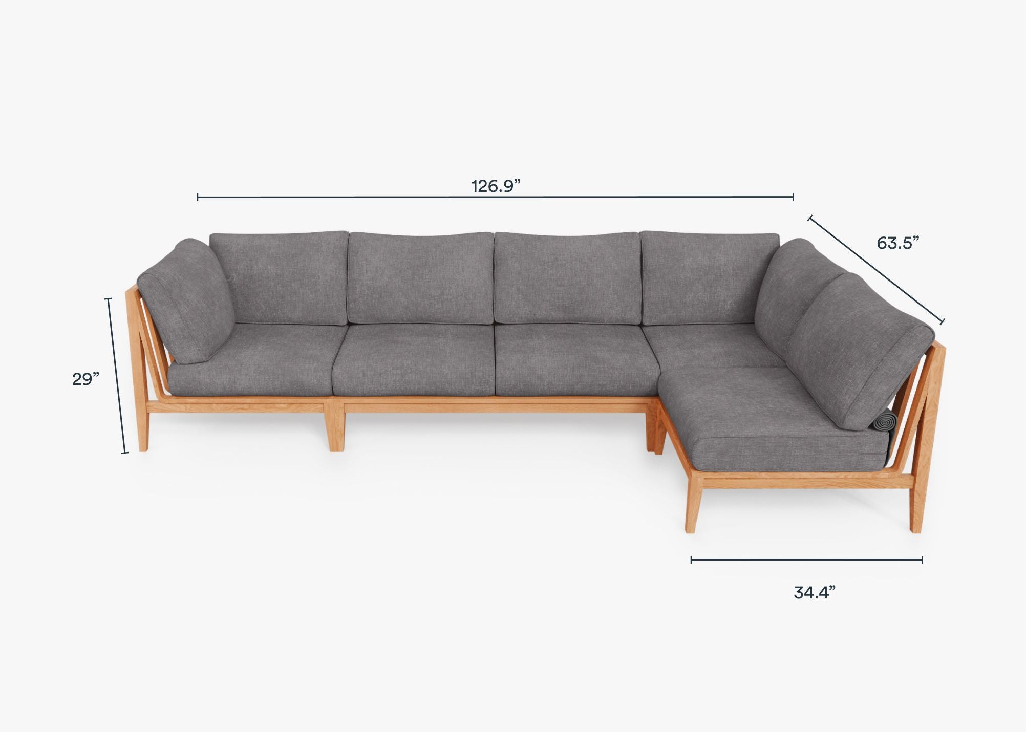 Teak Outdoor L Sectional - 5 Seat dimensions in inches, also listed under Dimensions and Weights. #color_dark pebble gray