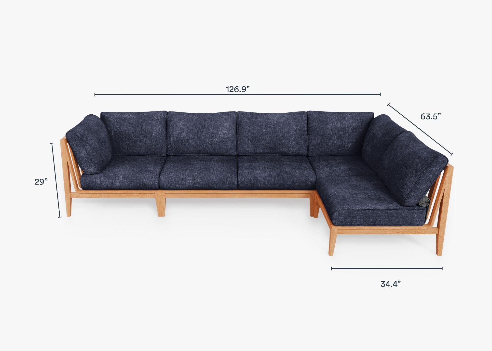 Teak Outdoor L Sectional - 5 Seat dimensions in inches, also listed under Dimensions and Weights. #color_deep sea navy