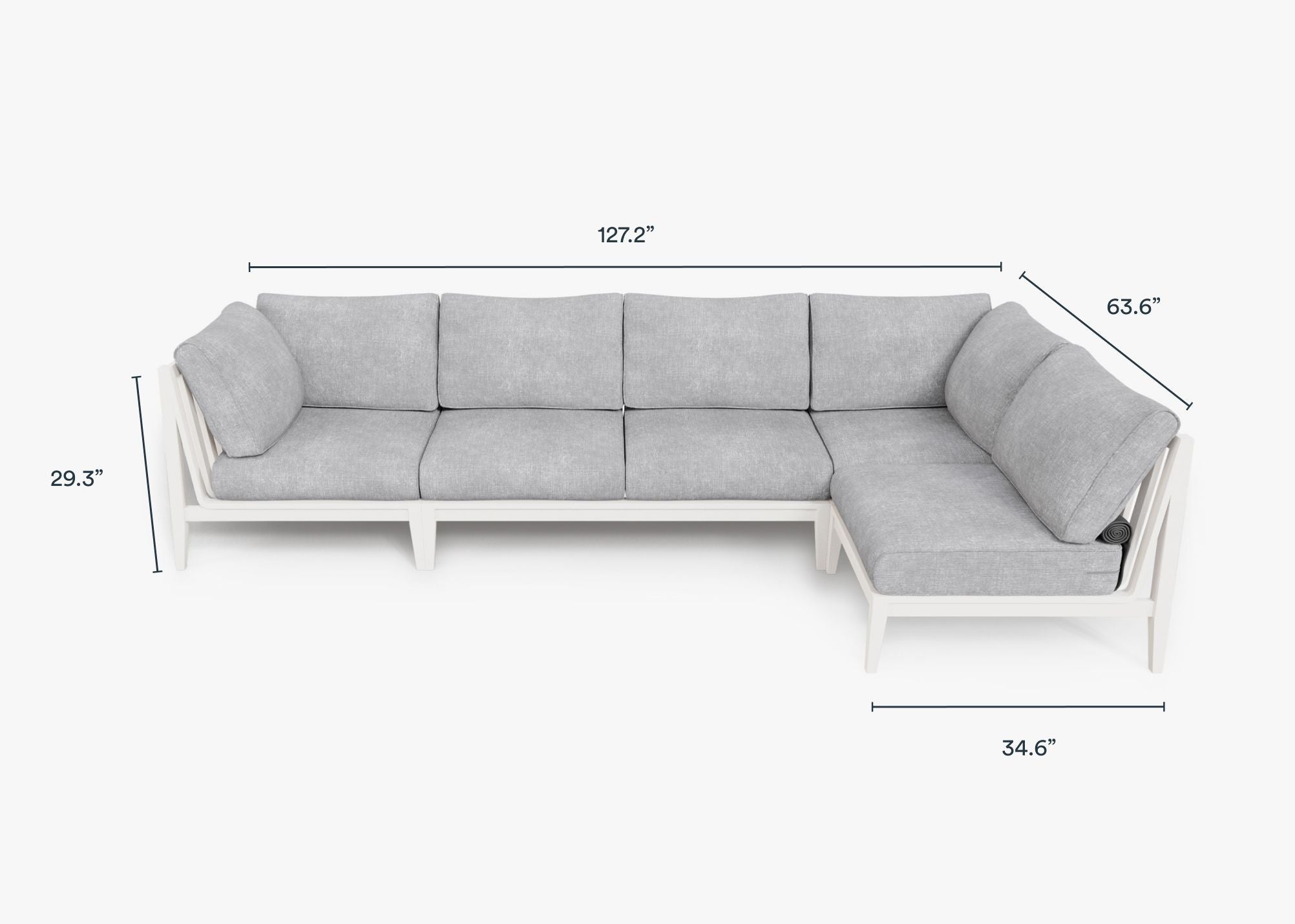 White Aluminum Outdoor L Sectional - 5 Seat dimensions in inches, also listed under Dimensions and Weights. #color_pacific fog gray