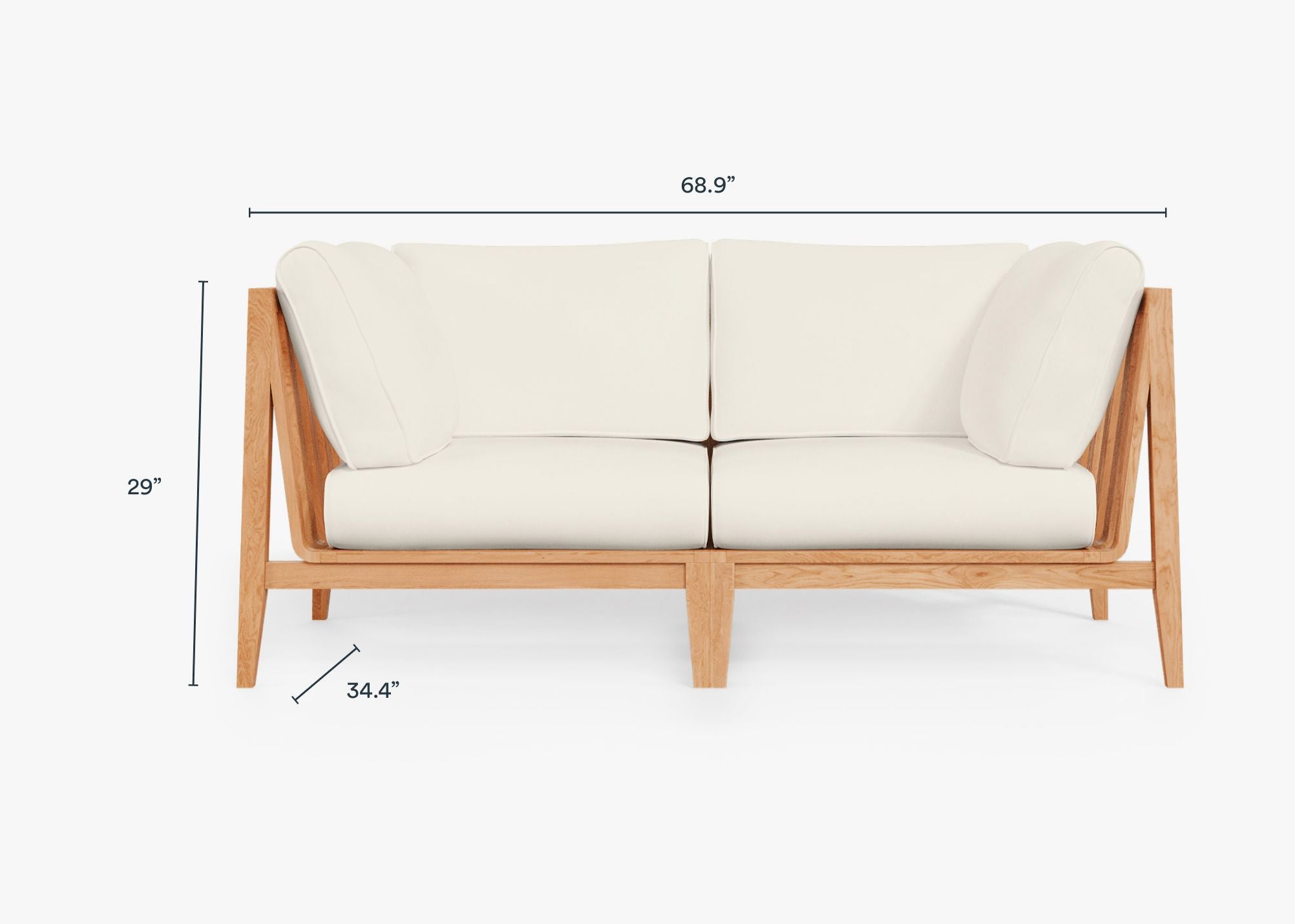 Teak outdoor loveseat with cream cushions, featuring a sturdy wooden frame and comfortable seating designed for outdoor use.-teak outdoor sofa-outer #color_palisades cream