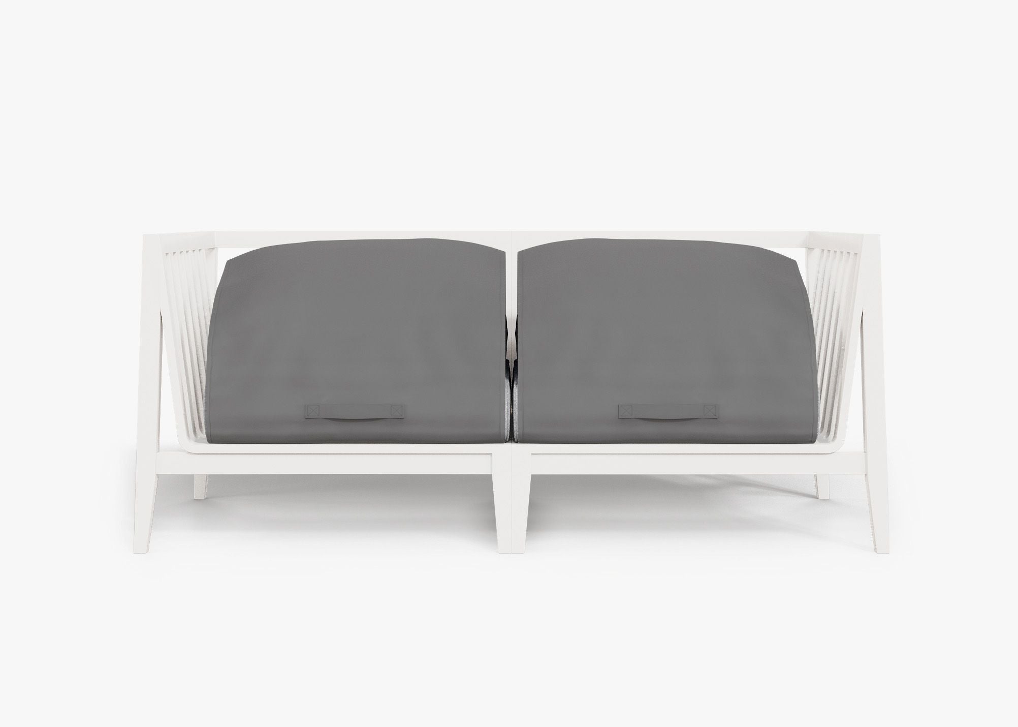 White Aluminum Outdoor Loveseat shown with the OuterShell outdoor cushion cover, offering exclusive integrated protection. #color_pacific fog gray