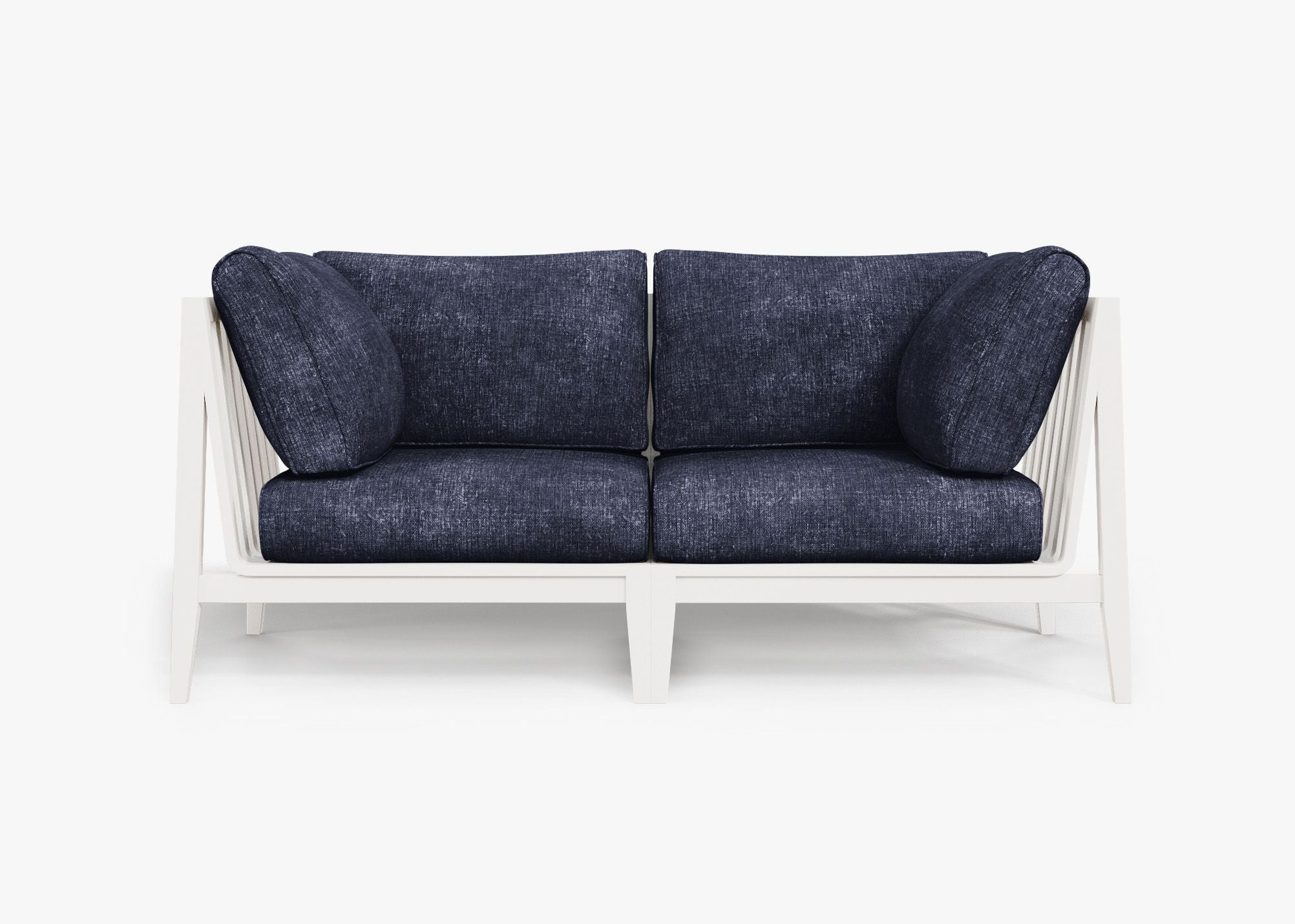 White Aluminum Outdoor Loveseat, front. Comfortable, durable, and weather resistant outdoor seating with memory foam. #color_deep sea navy