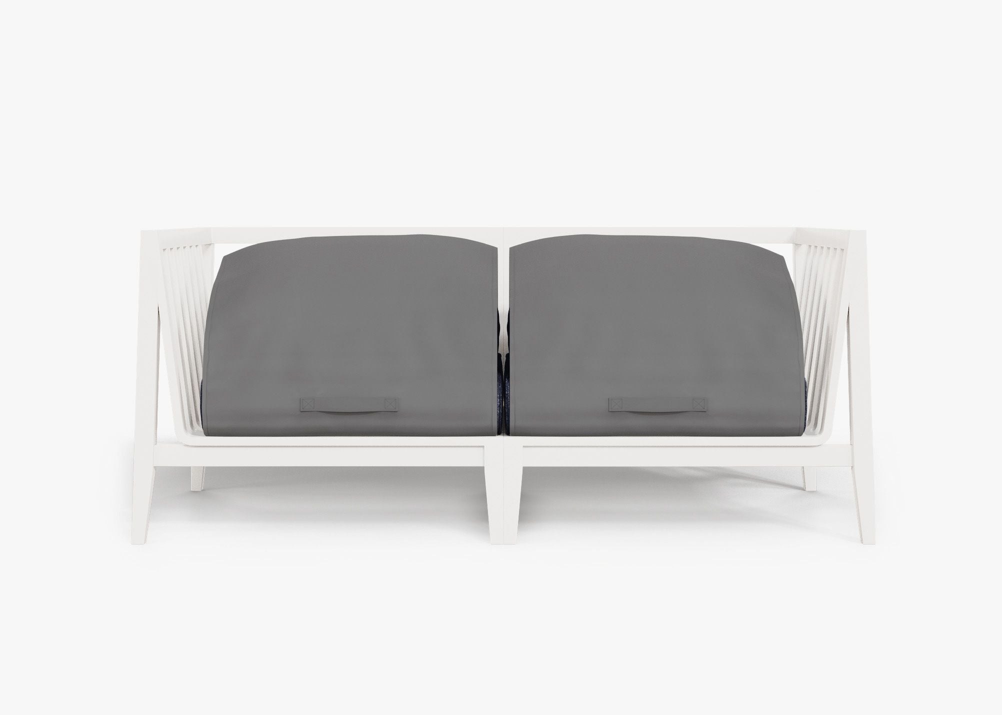 White Aluminum Outdoor Loveseat shown with the OuterShell outdoor cushion cover, offering exclusive integrated protection. #color_deep sea navy