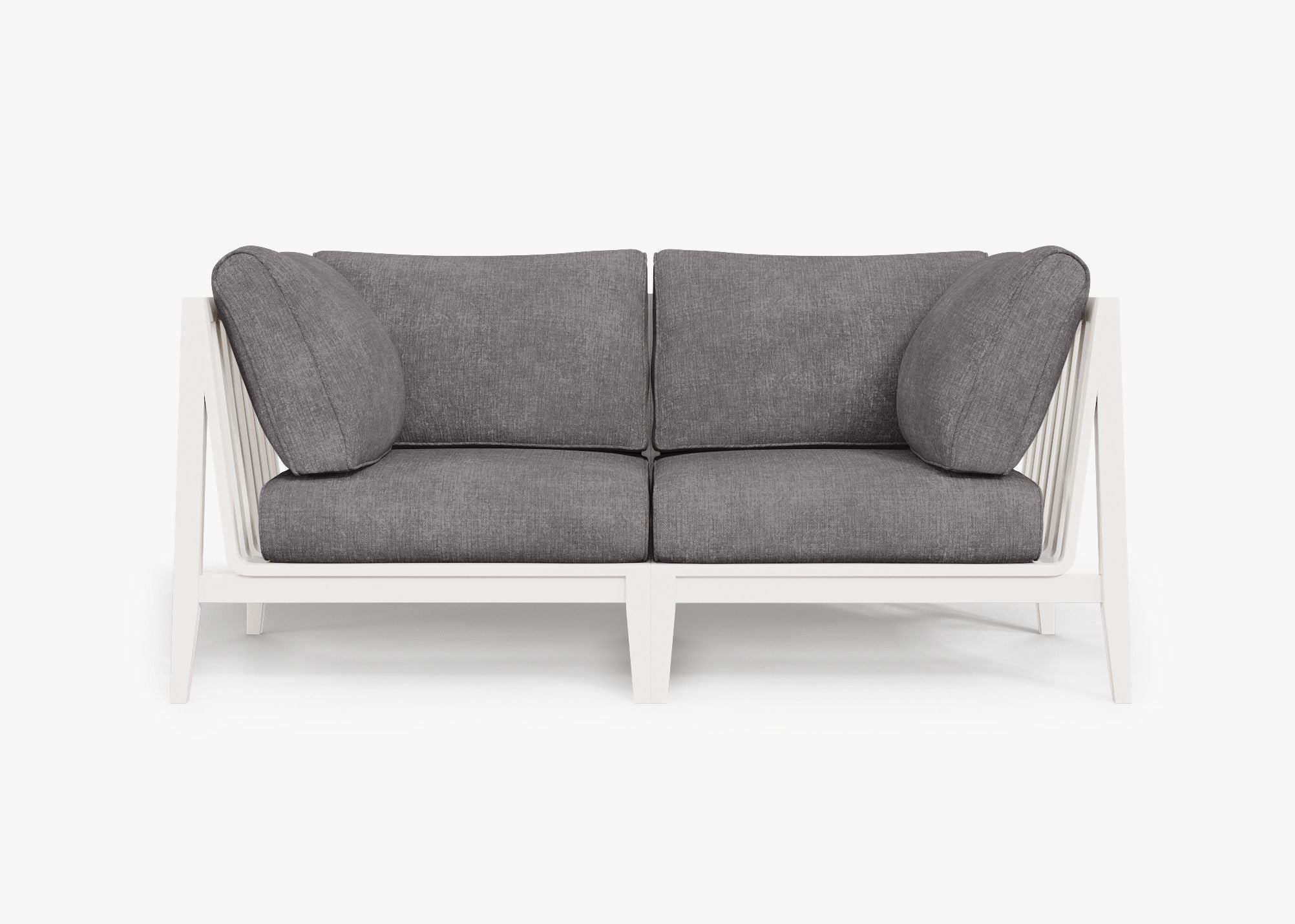 White Aluminum Outdoor Loveseat, front. Comfortable, durable, and weather resistant outdoor seating with memory foam. #color_dark pebble gray