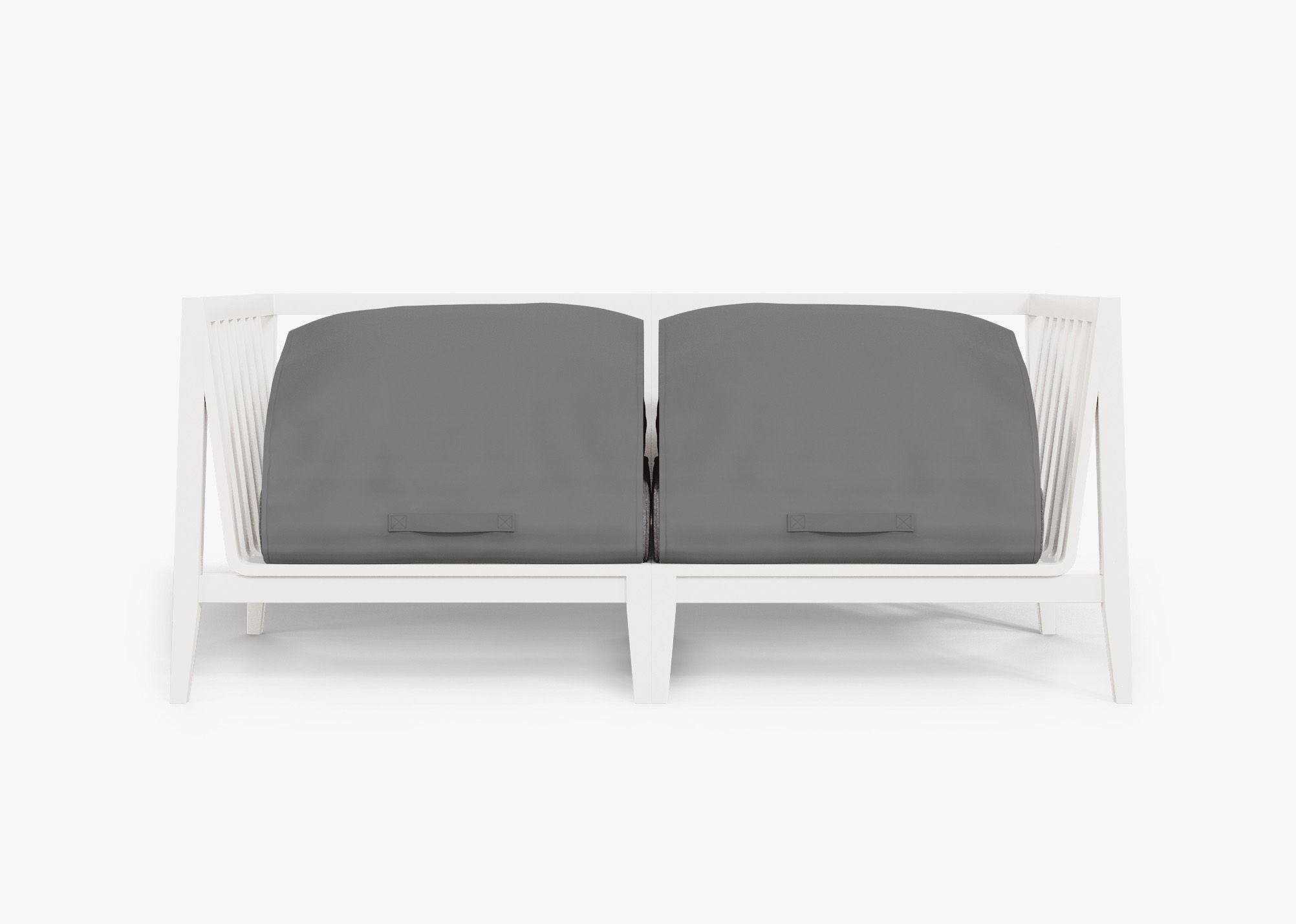 White Aluminum Outdoor Loveseat shown with the OuterShell outdoor cushion cover, offering exclusive integrated protection. #color_dark pebble gray