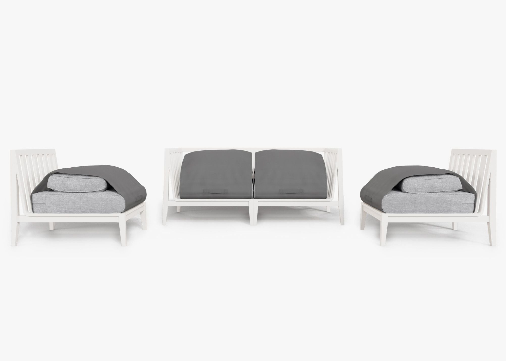 White Aluminum Outdoor Loveseat with Armless Chairs - 4 Seat shown with the OuterShell outdoor cushion cover, offering exclusive integrated protection. #color_pacific fog gray