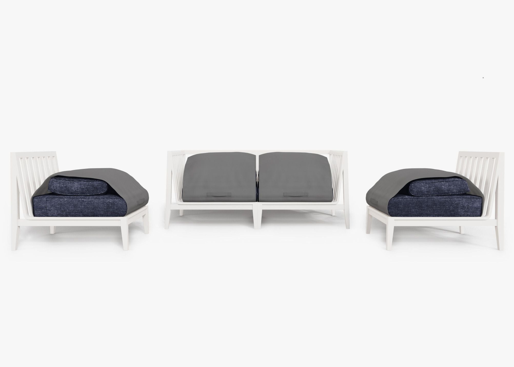 White Aluminum Outdoor Loveseat with Armless Chairs - 4 Seat shown with the OuterShell outdoor cushion cover, offering exclusive integrated protection. #color_deep sea navy