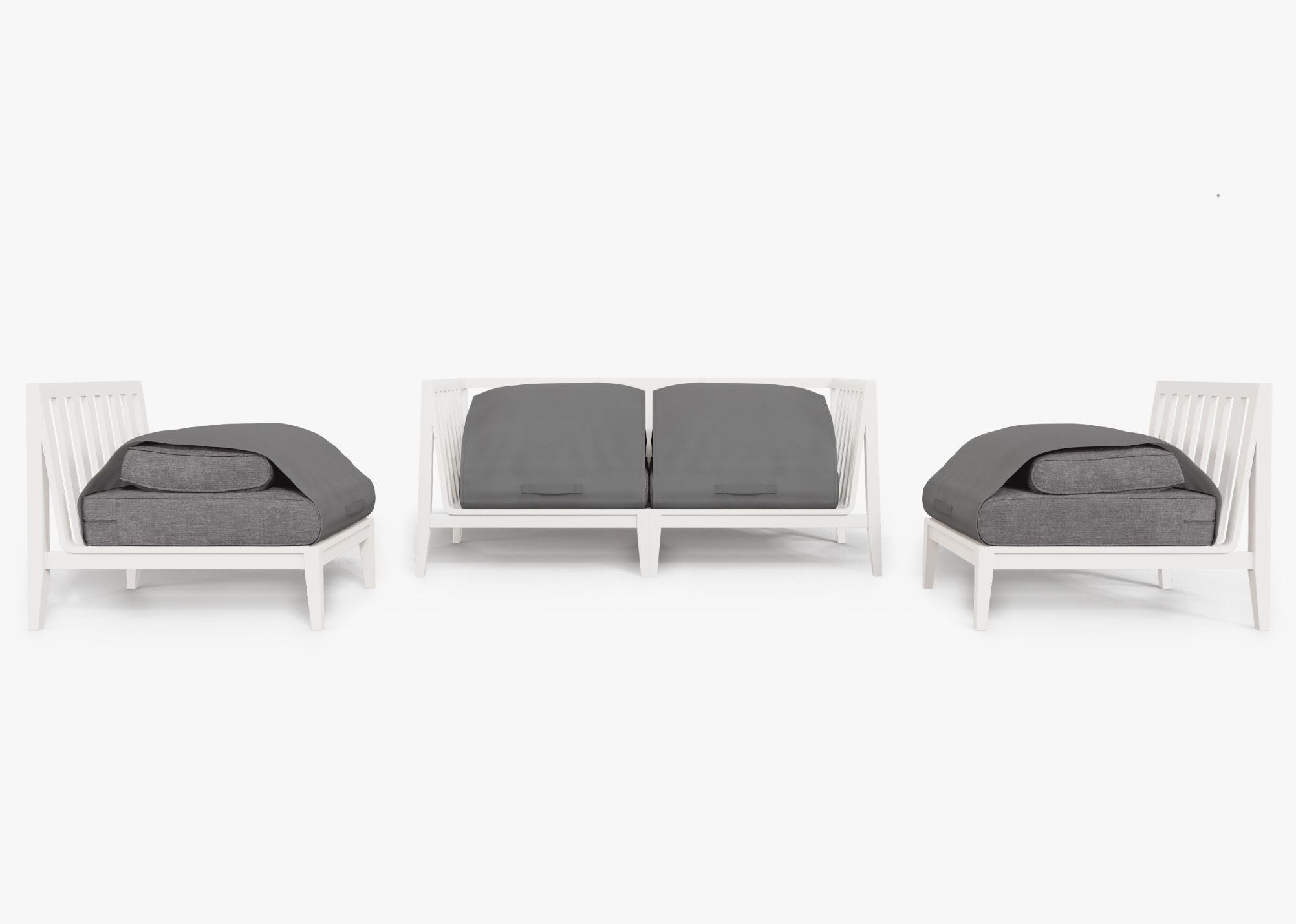 White Aluminum Outdoor Loveseat with Armless Chairs - 4 Seat shown with the OuterShell outdoor cushion cover, offering exclusive integrated protection. #color_dark pebble gray